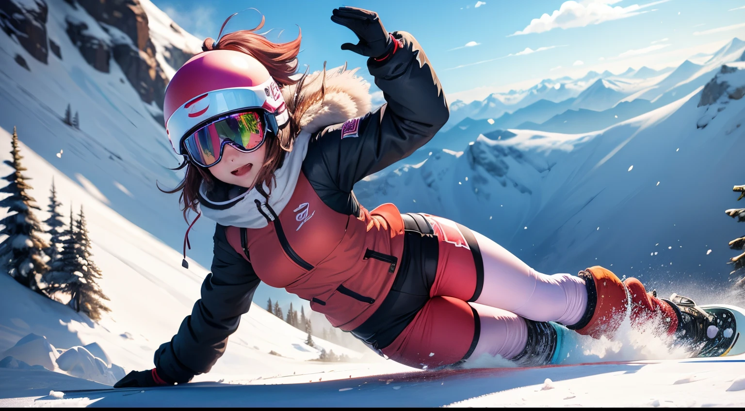 An anime girl sliding down a snowboard mountain