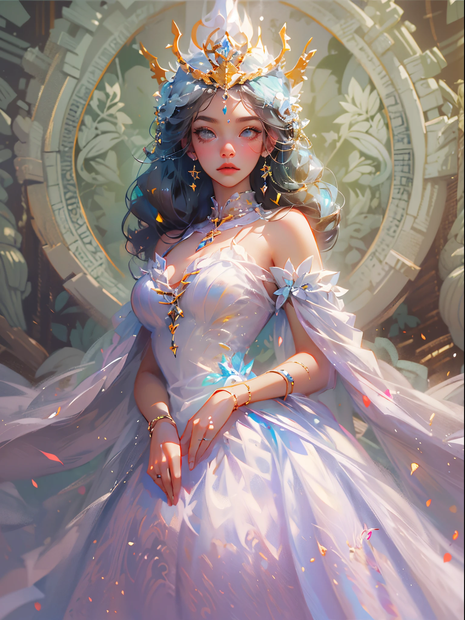 There is a woman in a white dress with a crown on her head, a beautiful fantasy queen, ((beautiful fantasy queen)), a portrait of a princess, a work of art in the Guvez style. 5D CGI anime fantasy artwork, 8K high quality detail art