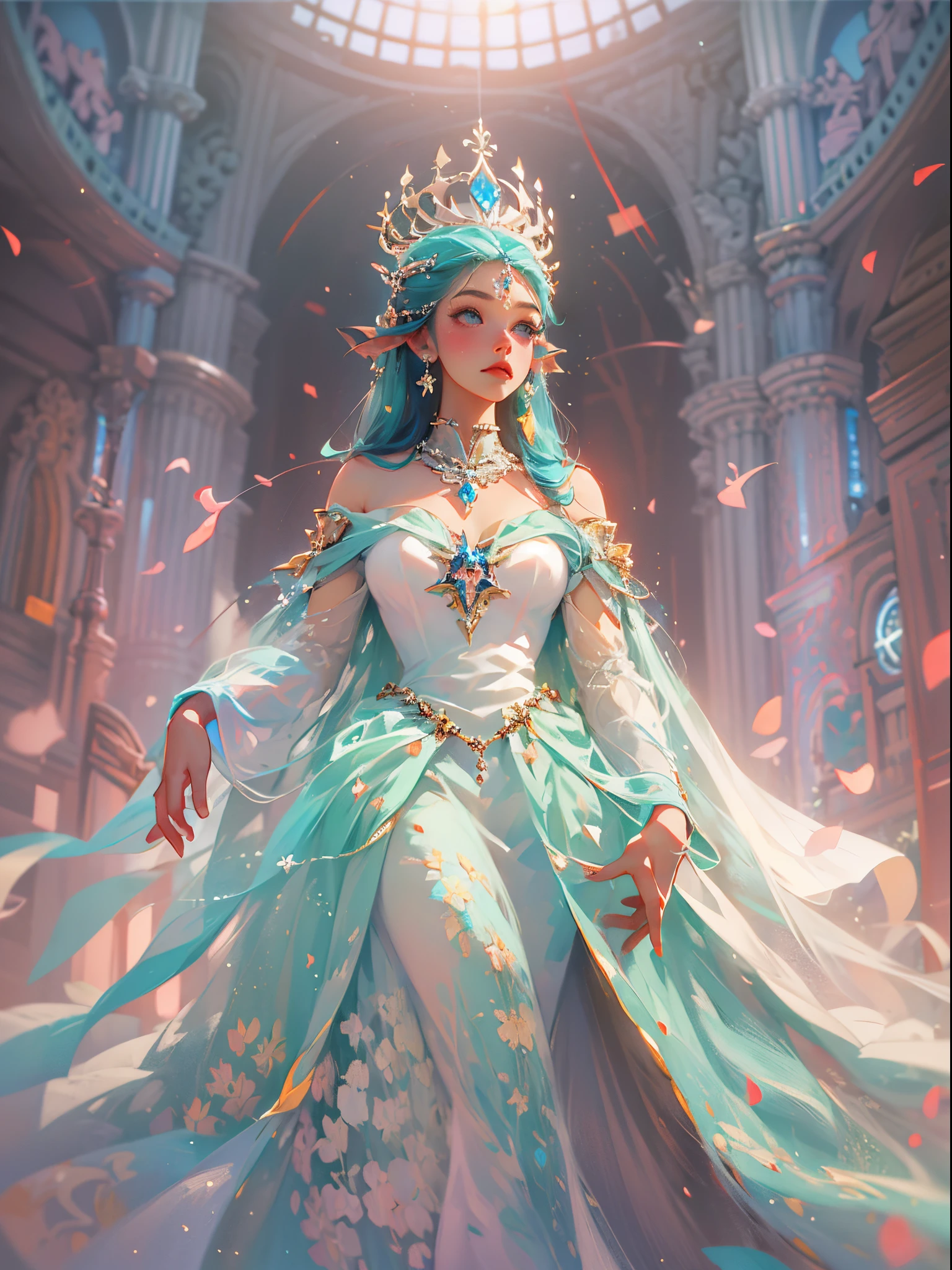 There is a woman in a white dress with a crown on her head, a beautiful fantasy queen, ((beautiful fantasy queen)), a portrait of a princess, a work of art in the Guvez style. 5D CGI anime fantasy artwork, 8K high quality detail art