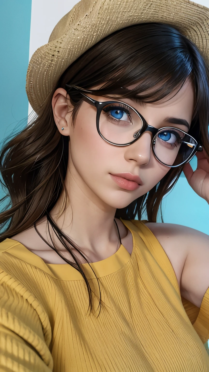 There's a woman with glasses and a yellow top posing for a photo, Directed by: Nandor Soldier, Valentina Embaralhamento, blue symmetric eyes 24yo, With eye Glasses, qualidade muito baixa, fotografia, 1 8 I, cerca de 20 yo, girl with glasses, imagem frontal, imagem do avatar, em torno de 1 9 anos, 2 5 I