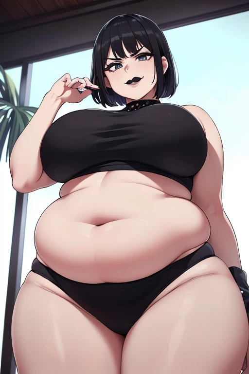 (Masterpiece, Best Quality, High Quality:1.4), (professional artwork, extremely detailed girl:1.0), 8k, detailed eyes, perfect face, 2girl, (voluptuous, mature female, plump, large lips:1.2), wide hips, thick thighs, heavy makeup, bottom heavy:1.4), (skindentation, long eyelashes, dark eyeshadow, looking at viewer, bright eyes, close up, annoyed, angry, from below, fat, obese, big belly, huge belly, sagging breasts, sagging belly, cruel smile, sadistic smile, bloated belly, wobbling belly, goth girl, black hair, black lipstick