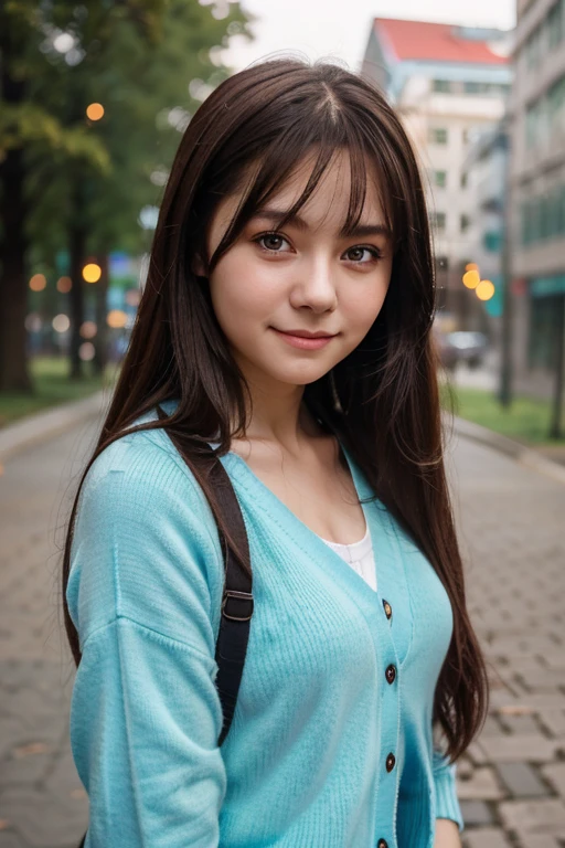 Russian girl, 1girl, 独奏, brown hair, Heart, school uniform, black straight hair, Smile, looking a viewer, upper-body, cardigan, Cyan eyes, closed mouth, Long hair,Bokeh background, school