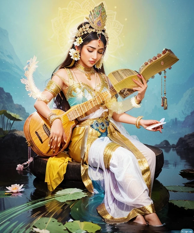 Create an illustration of Goddess Saraswati in an enchanting animated style, seated gracefully atop a lotus flower while holding a book symbolizing knowledge and wisdom. Ensure the illustration is incredibly captivating, reflecting mesmerizing beauty to convey the idea that the beauty of knowledge itself is breathtaking and make it more realistic, Make her feel like he is playing a Vina (Indian musical instrument)