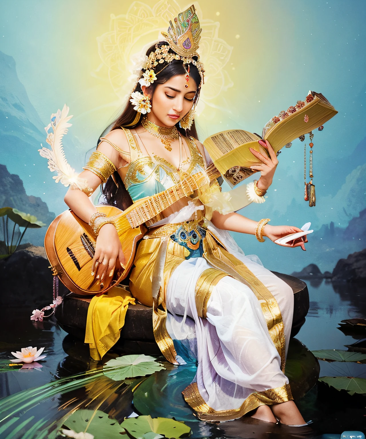 Create an illustration of Goddess Saraswati in an enchanting animated style, seated gracefully atop a lotus flower while holding a book symbolizing knowledge and wisdom. Ensure the illustration is incredibly captivating, reflecting mesmerizing beauty to convey the idea that the beauty of knowledge itself is breathtaking and make it more realistic, Make her feel like he is playing a Vina (Indian musical instrument)
