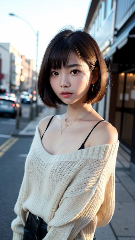 (Best Quality, 8K, 32K, masutepiece, nffsw:1.2),Photo of Pretty Japanese woman, Large breasts, Very short bob hair,Upper body,(Oversized_Sweaters,:1.1) Necklace, Background, looking at around、Black clothe