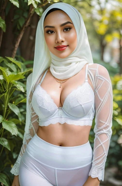 RAW, Best quality, high resolution, masterpiece: 1.3), beautiful Malay woman in hijab,Masterpiece, perfect slim fit body, (big breastig gorgeous eyes, Soft smile, wear a white lace bra and a tight transparent legging, necklace, shairband, afternoon walk, City garden, Excellent lighting, Bright colors, Clean lines