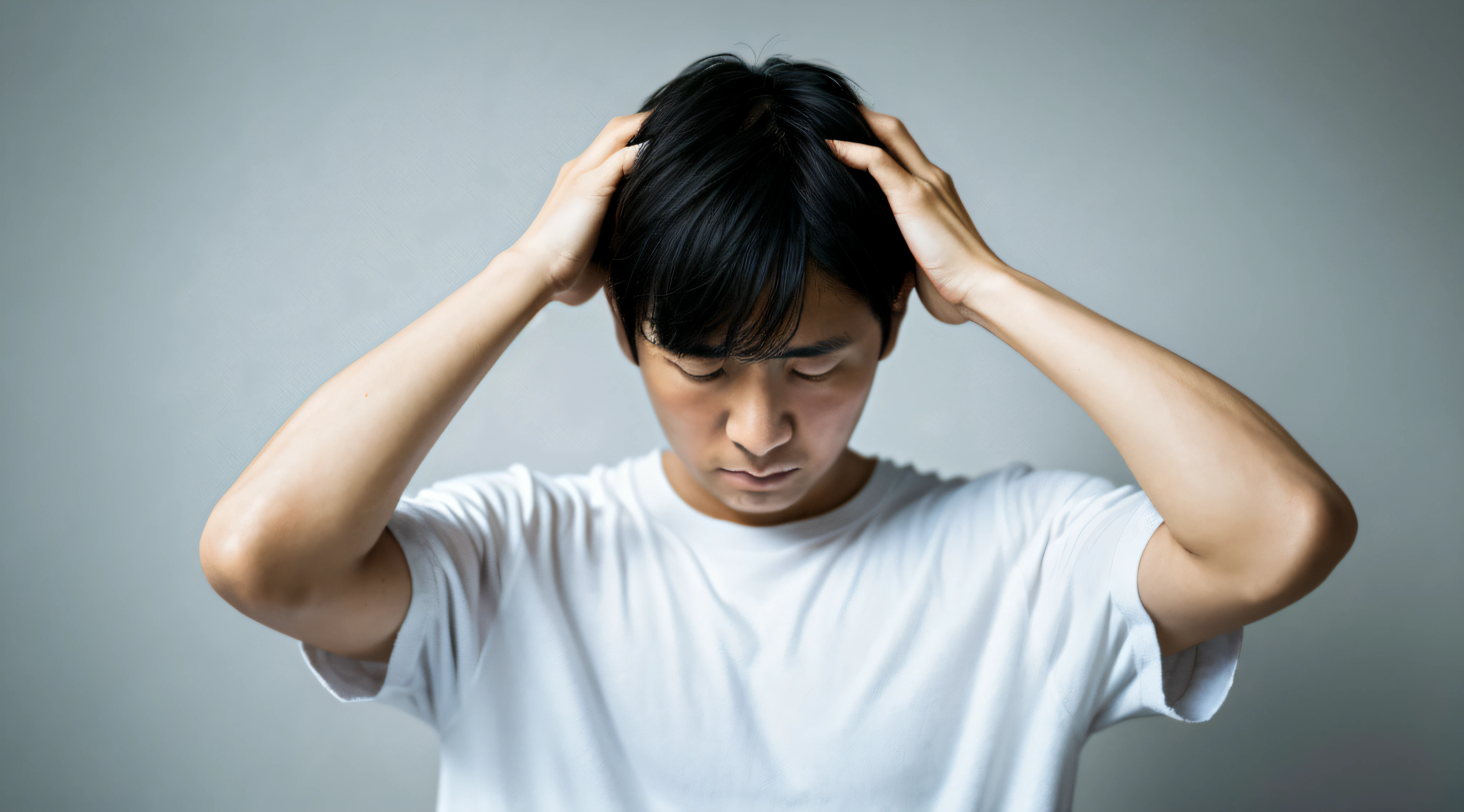 Held the head、hopelessness、japanes、worst feeling、worst、hard、Young men、simple background、age 30s、1 male、I'm worried、Stunned、white backgrounid、It features a simple、hiquality、4K、8K