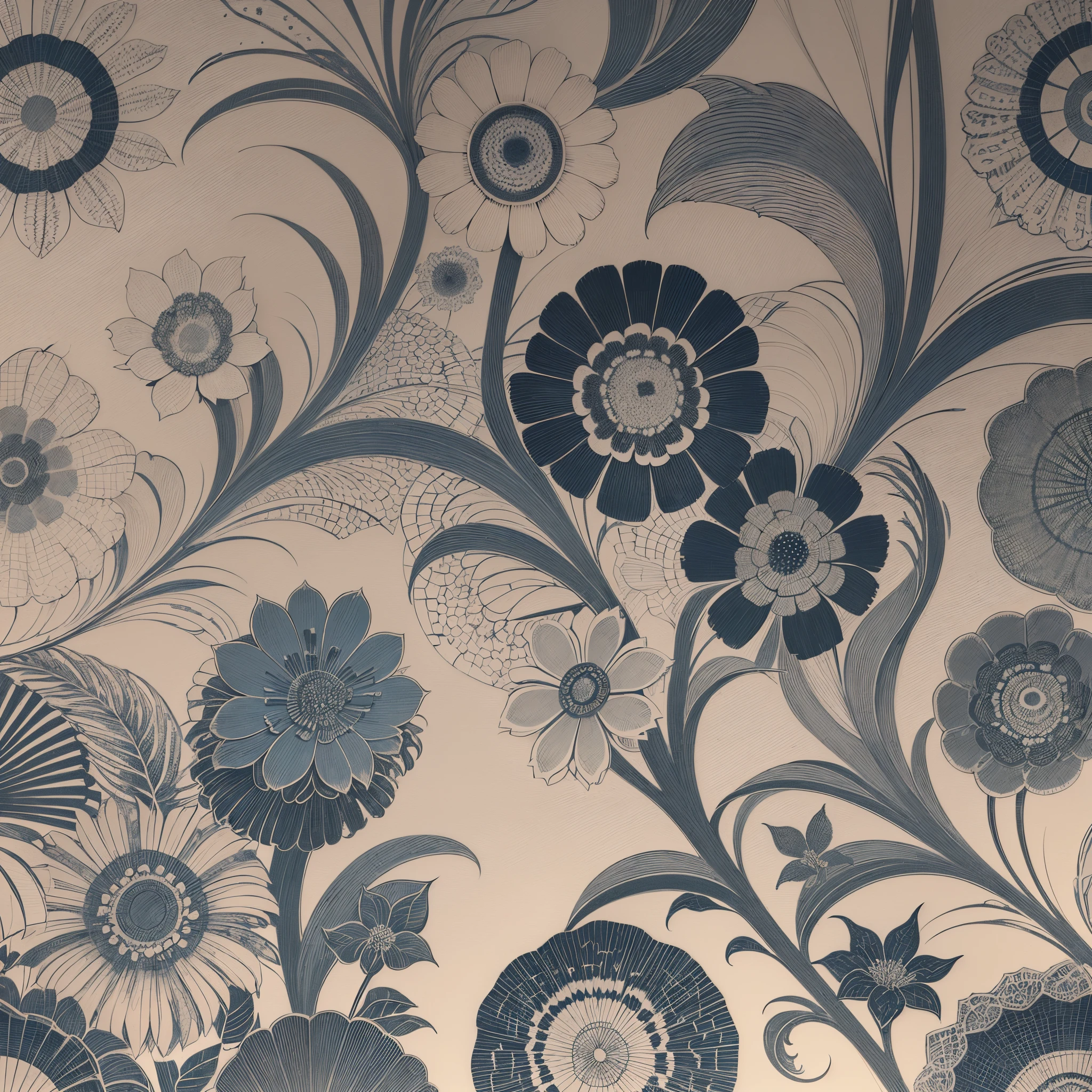 Create an image of a detailed and elegant blue floral pattern on a white background. The design should be reminiscent of classic blue and white porcelain, with a variety of ornate flowers, leaves, and stems intricately intertwined. The artwork should be symmetrical and balanced, featuring shades of blue ranging from deep cobalt to delicate sky blue, capturing the sophistication and grace of traditional ceramic art. The background should remain plain white to enhance the vividness of the blue details and the overall aesthetic should convey a sense of timeless beauty in the style of van gough --auto --s2