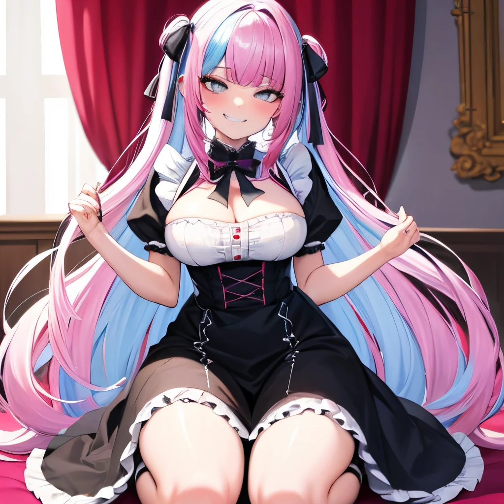 ahg, rolling eyes, grin, big hair,
color: spectrum,
hair extensions,
lip filler, french maid uniform,
colorful hair,
very long hair,
vivid colors, large breasts, bedroom, kneeling