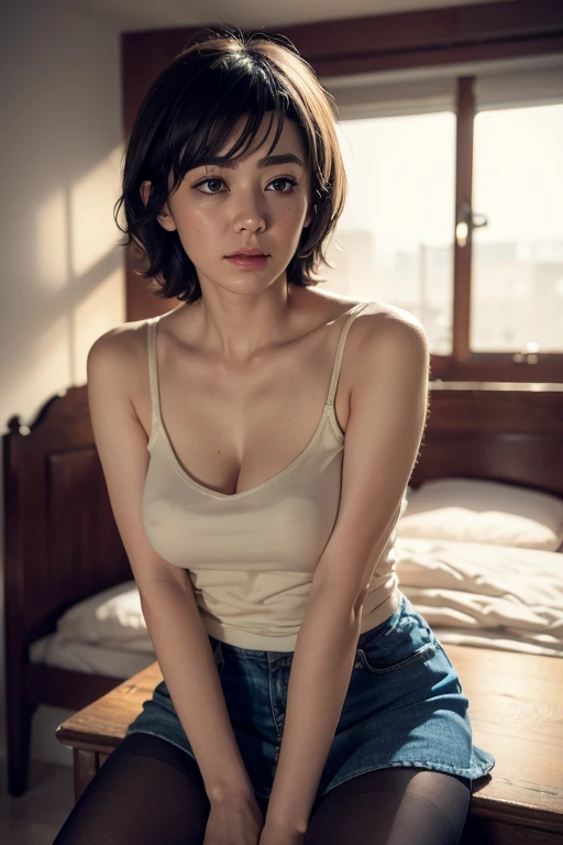vivid colors, soft lighting, artistic portrait style, (masterpiece:1.2, Best quality at best), 1 woman, Alone, large tities,short messy hair, makeup, Confident and relaxed, parted lips , teats slightly embossing, Look up at the lens, drunk face, cowboy shot, panorama, Wearing a short skirt and tank top、 (Wearing pantyhose,thin, blur background