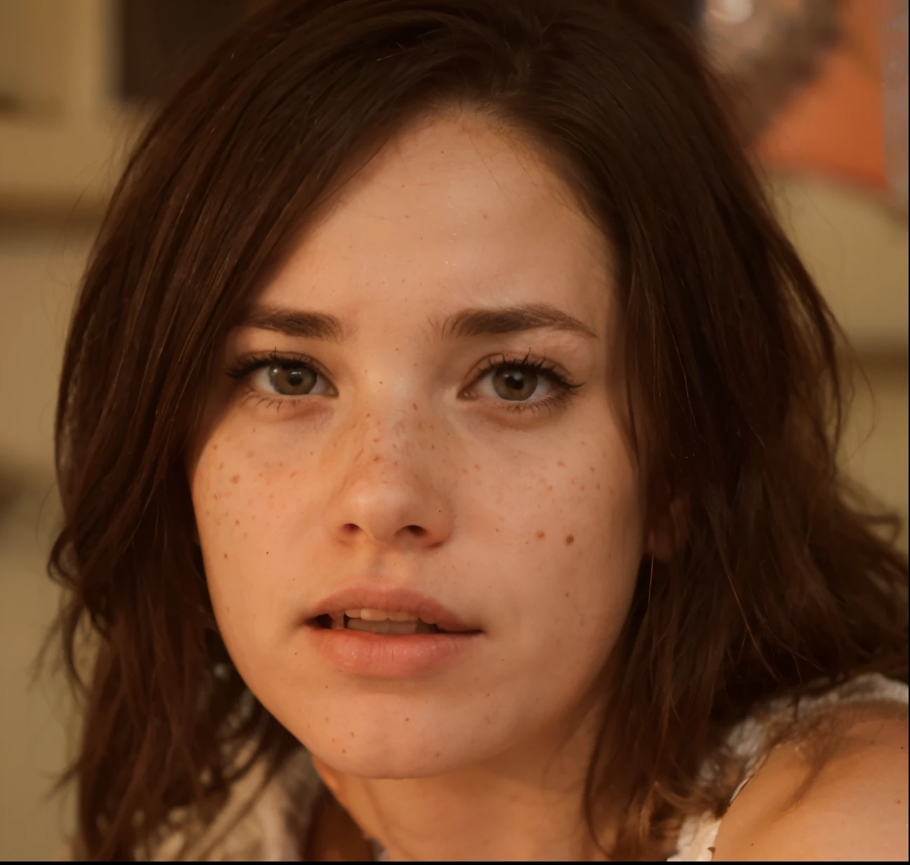 Woman, many freckles, sad, frightened