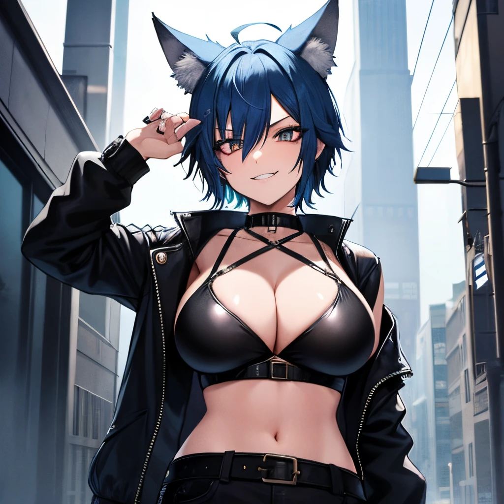 alternative, wolf ears, blue hair, jacket, short hair, woman, grunge, gutter punk, arrogant smile, big breasts, stage