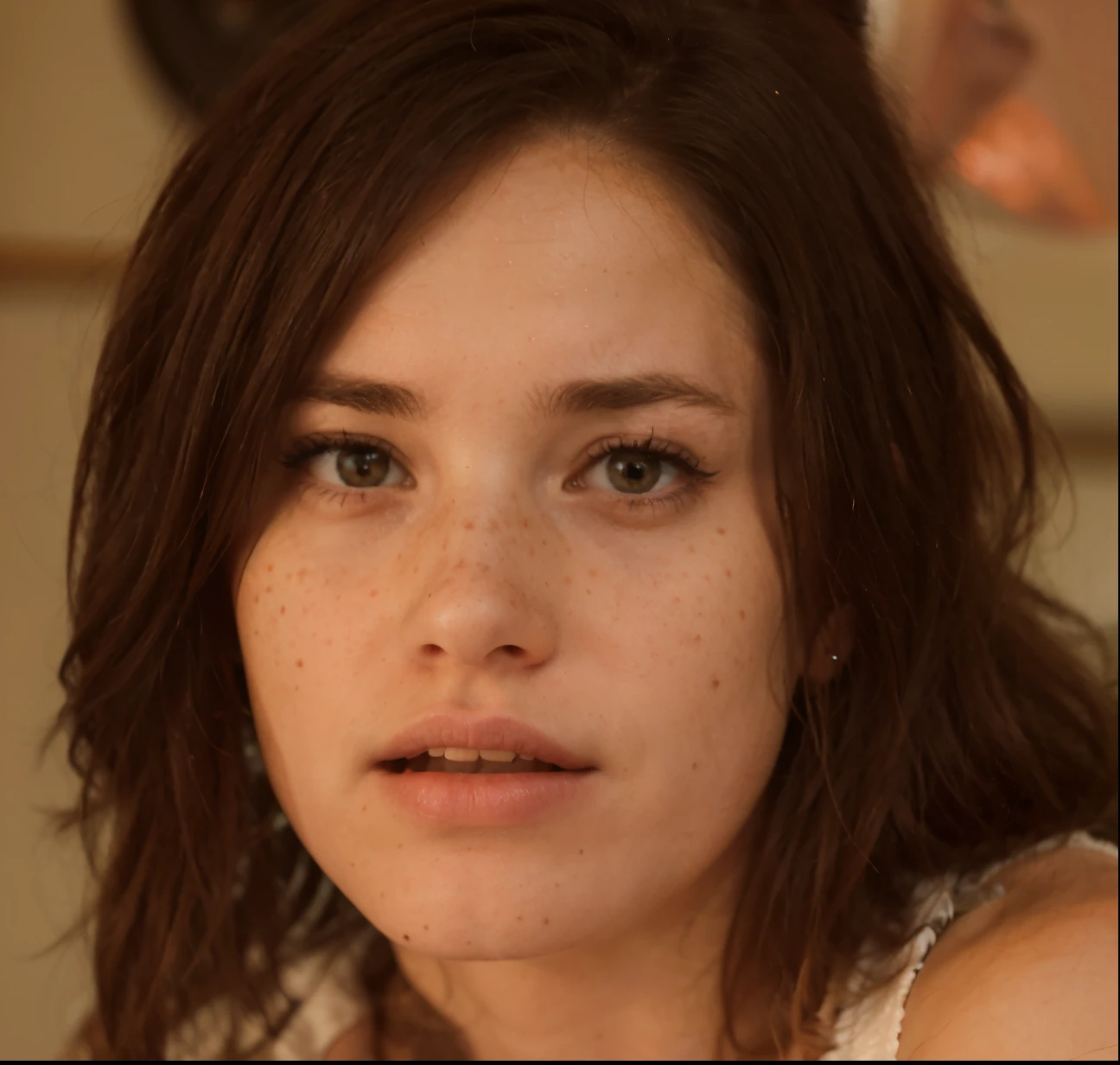 Woman, many freckles, sad, frightened