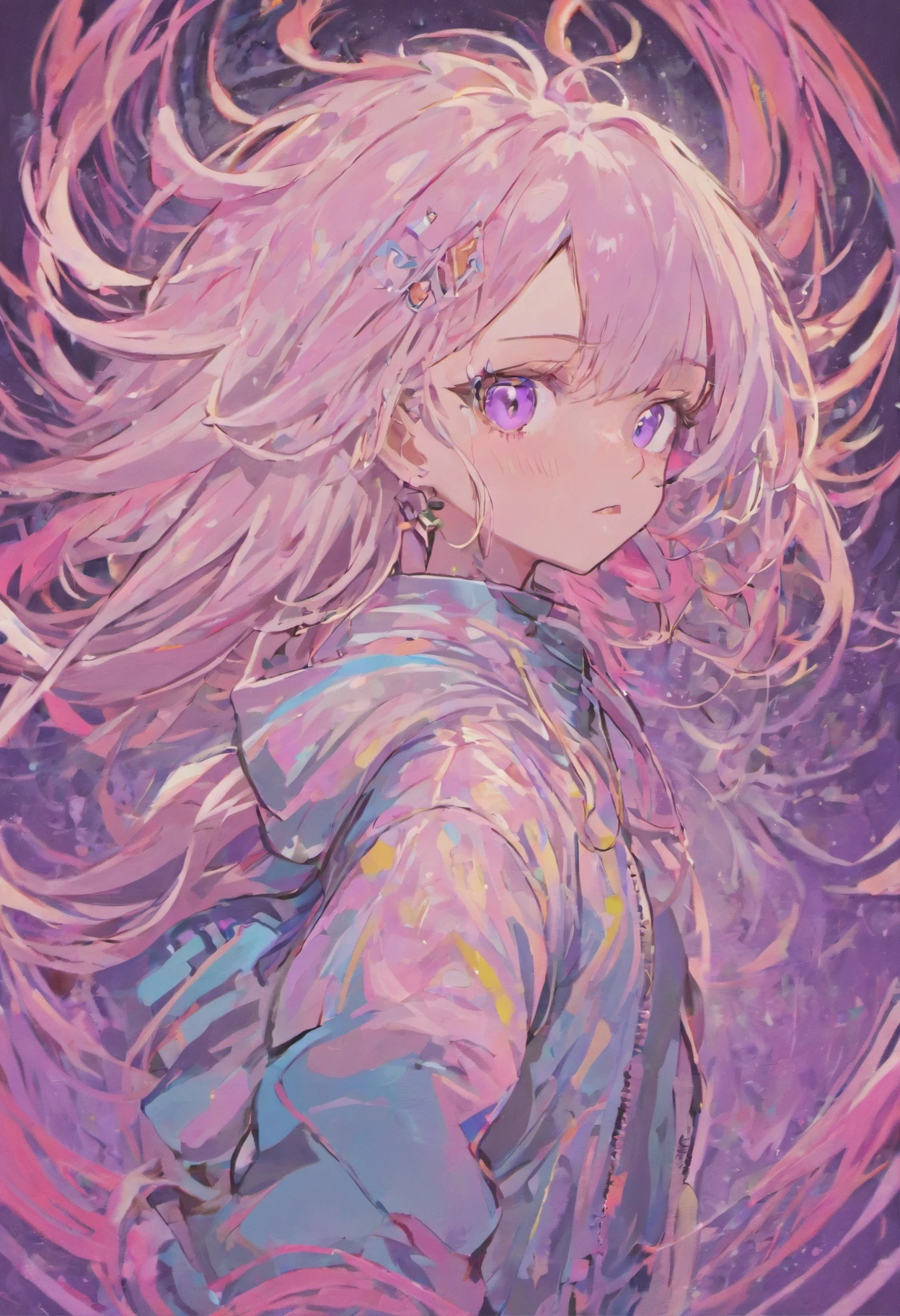 echidna　length hair　purple color  hair　{{{{graffiti}}}},movie poster ,zen'in maki,zentangle,{{{{{graffiti}}}}},dragon girl,ear piercing,yellow eyes, 2line hair,short bob cut,solo,colofull,skirt,jacket,harajuku wear, blue eyes,{{{{monochrome,+++) }}}} ,colorful dissolution,white hair,pink background,{{{oil painting}}},{{{high detailed light, sharp sketch}}},{{{cyberpunk}}},{{{dynamic pose}}},strong twist body,{{{cute anime face}}},{{{dynamic angle}}},pop toon, hair inner color,many line in hair,{{{{limit palette}}}}, ,minute detailed,1girl,{{{album cover}}},looking at viewer,((floating hair)),offcial art,{{{beautiful detailed eyes}}},{{{beautiful detailed face}}},{{{beautiful detailed hair}}},{{{colorful background}}},{{{beautiful detailed wear}}}, limited color many particle,{{{+disheveled hair, wind}}},  hyper-detailed finger, beautiful detailed face, wavy hair, asymmetrical hair
