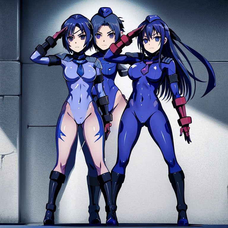 Masterpiece, Best Quality, Highly detailed, illustration, absurdres, street fighter, doll suit, shadaloo doll, dollsuit, girls, multiple girls, expressionless, blank eyes, looking at viewer, red gloves, emotionless, black latex, corrution, mind control, female combatant, full body, hypnotized, unhappy trance, full body suit, ribbed , both arms at side, stand up straight, obey, perfect female body, extremely glossy latex, hypnosis, hypnoLora, empty eyes, Mind control device, oses, submissive_pose, Slave, hat, necktie, stand up straight, standing, standing at attention, Slave, hat, necktie, belt, extending the right arm from the shoulder into the air with a straightened hand,  saluting, military, military saluting, salute, Number suit,  (Mahou Shoujo Lyrical Nanoha, reborn!, Chrome Dokuro, blue hair, eye patch, violet eye, one eye, short hair