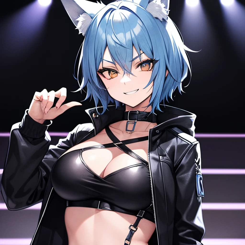 alternative, wolf ears, blue hair, jacket, short hair, woman, grunge, gutter punk, arrogant smile, big breasts, on a stage, solo