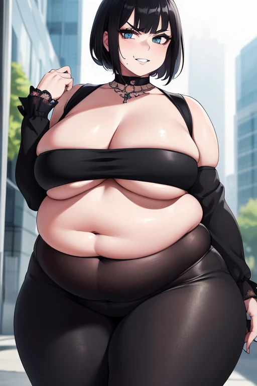 (Masterpiece, Best Quality, High Quality:1.4), (professional artwork, extremely detailed girl:1.0), 8k, detailed eyes, perfect face, 2girl, (voluptuous, mature female, plump, large lips:1.2), wide hips, thick thighs, heavy makeup, bottom heavy:1.4), (skindentation, long eyelashes, dark eyeshadow, looking at viewer, bright eyes, close up, annoyed, angry, fat, obese, big belly, huge belly, sagging breasts, sagging belly, cruel smile, sadistic smile, bloated belly, wobbling belly, goth girl, black hair, black lipstick