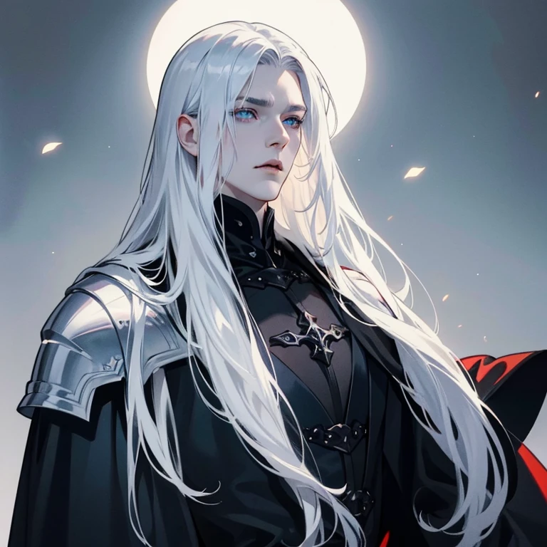 male, pale, white long hair, white eyelashes , serious , dark clothing , armor , blue eyes , slender , messy hair , vampire , messy hair , seductive ,