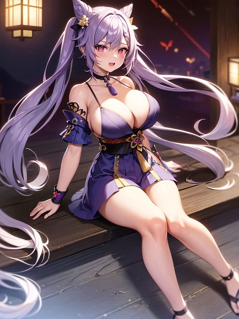 ((highly detailed)), genshin impact, keqing, perfect human hands, (great breast:1.1),Masterpiece, masterful, high resolution, 1 female, purple hair, Medium hair, Asymmetrical hair, Floating hair, Blindfold, twintails, side locks, hair adornments, nipple tassels, Hairpin, bangs, purple eyes, Open mouth, Smile, teeth , Upper teeth only, choker necklace, red necklace, pendant choker, butterfly choker, cleavage, Huge chest, Thighs, Bandages, bandaged leg, salasi, Budget sarashi, Sarashi of the chest, black sash, Hadanugidosa, Hokisei, Japanese clothes, komono, Wallet, Obi, Obiage, obijime, orange kimono, Wallet, patterned kimono, Cord, Obi, shimenawa, Short kimono, bare shoulders​, Genshin, east asian architecture, sakura, Single glove, Single fingerless gloves, arms  cuffs, Sitting, Crossed legs,busty body，thick leg