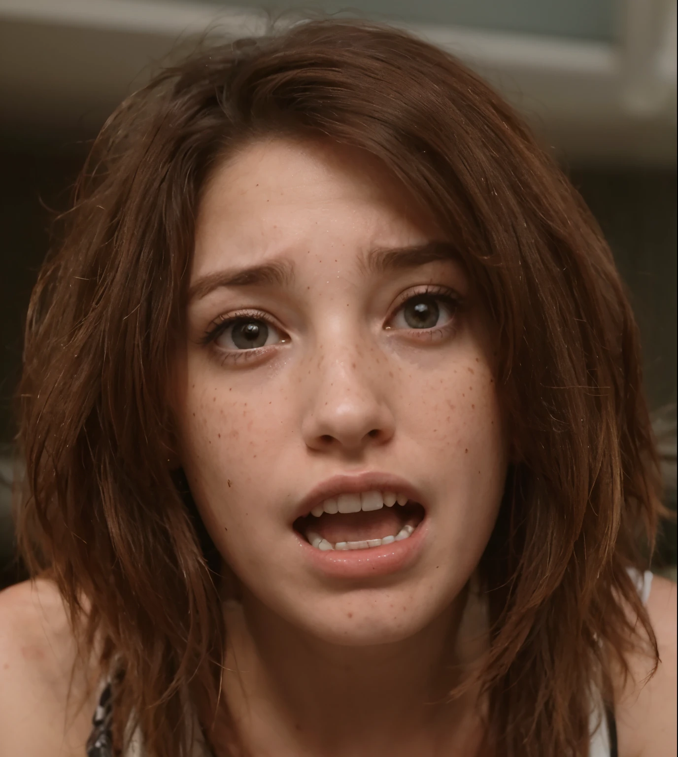 Woman, many freckles, sad, frightened, screaming
