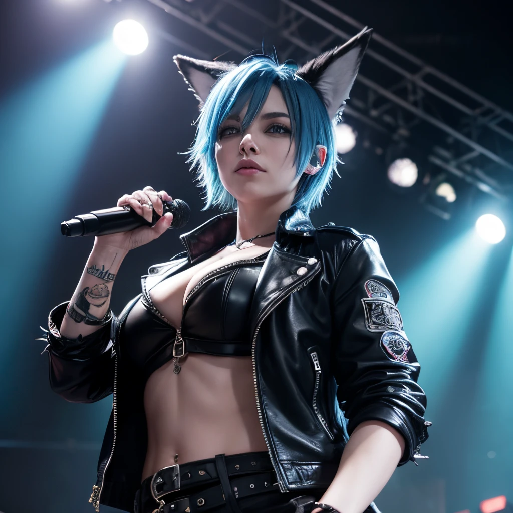 alternative, wolf ears, blue hair, jacket, short hair, woman, grunge, gutter punk, arrogant smile, big breasts, on a stage, solo