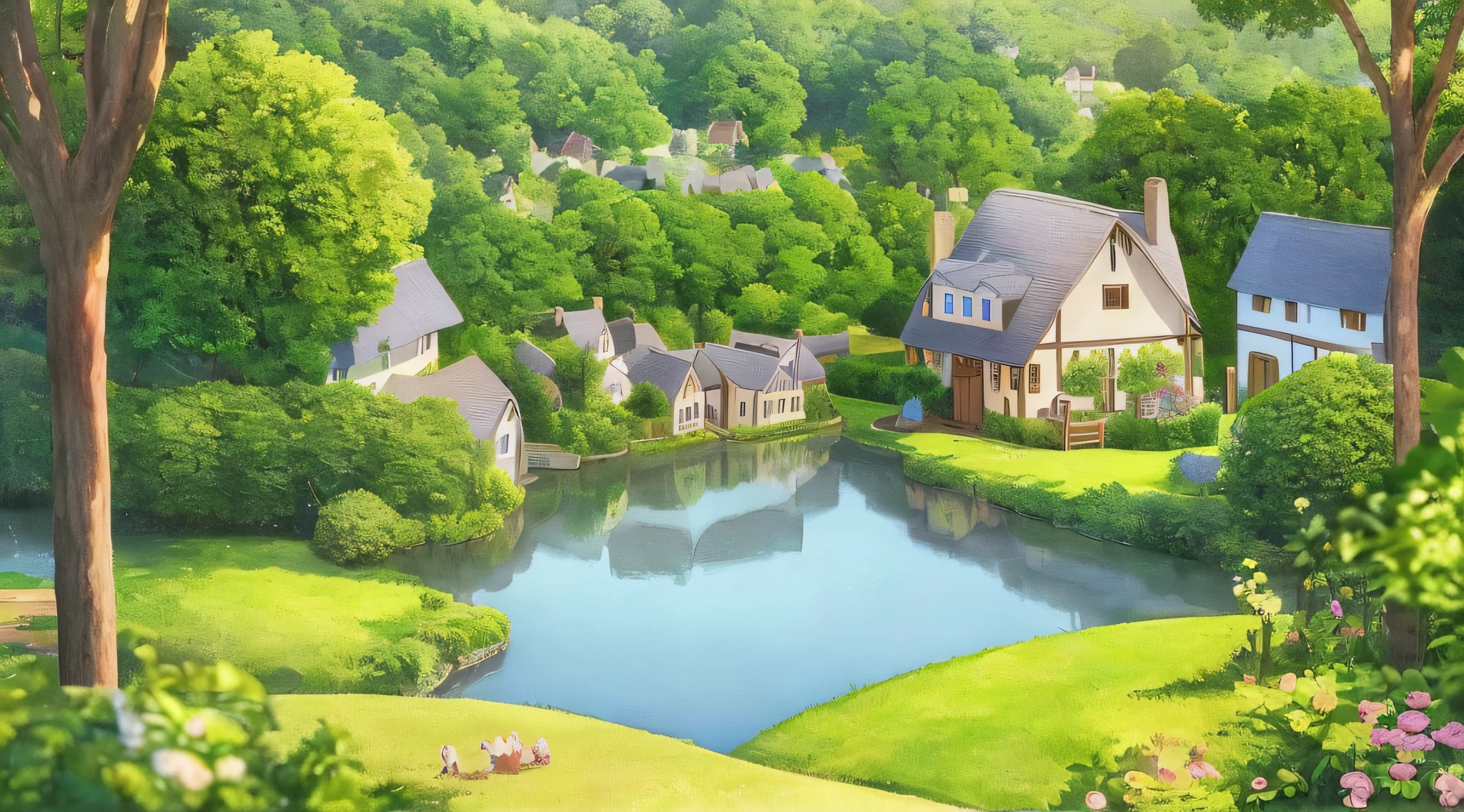 "Create an enchanting illustration capturing the idyllic setting of a quaint village embraced by rolling hills and meandering streams. Feature a curious boy named Aiden with tousled brown hair, exploring the charming surroundings. Picture cottages nestled amid lush greenery, inviting viewers into a world of simplicity and charm.", real , real photo