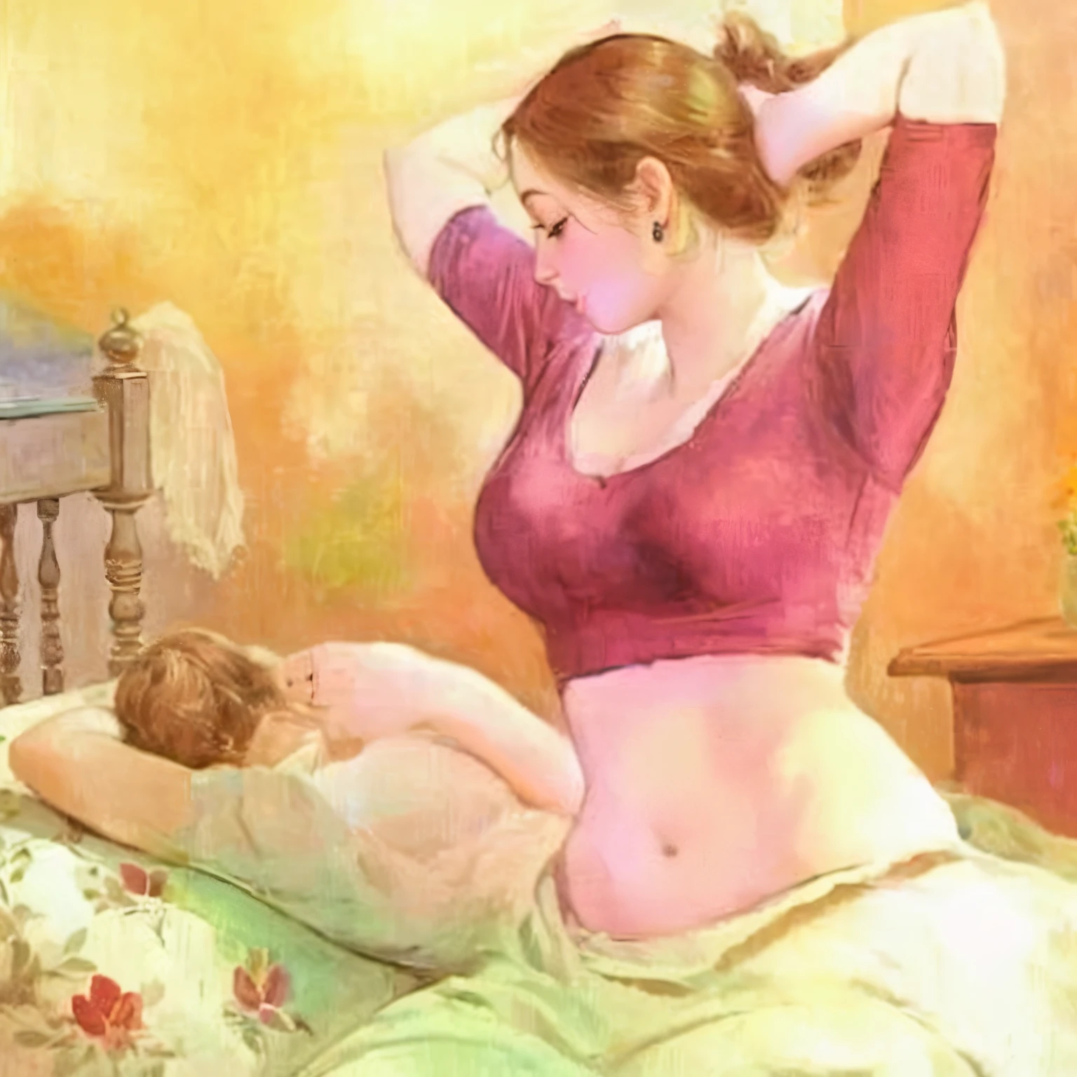 painting of a woman in a purple top laying on a bed, beautiful art, painting, beautiful depiction, female art, trending on devian art, painting of beautiful, very very beautiful art, very beautiful photo, boy girl traditional romance, romantic painting, by Hovsep Pushman, couple on bed, by Max Dauthendey, very very very beautiful art