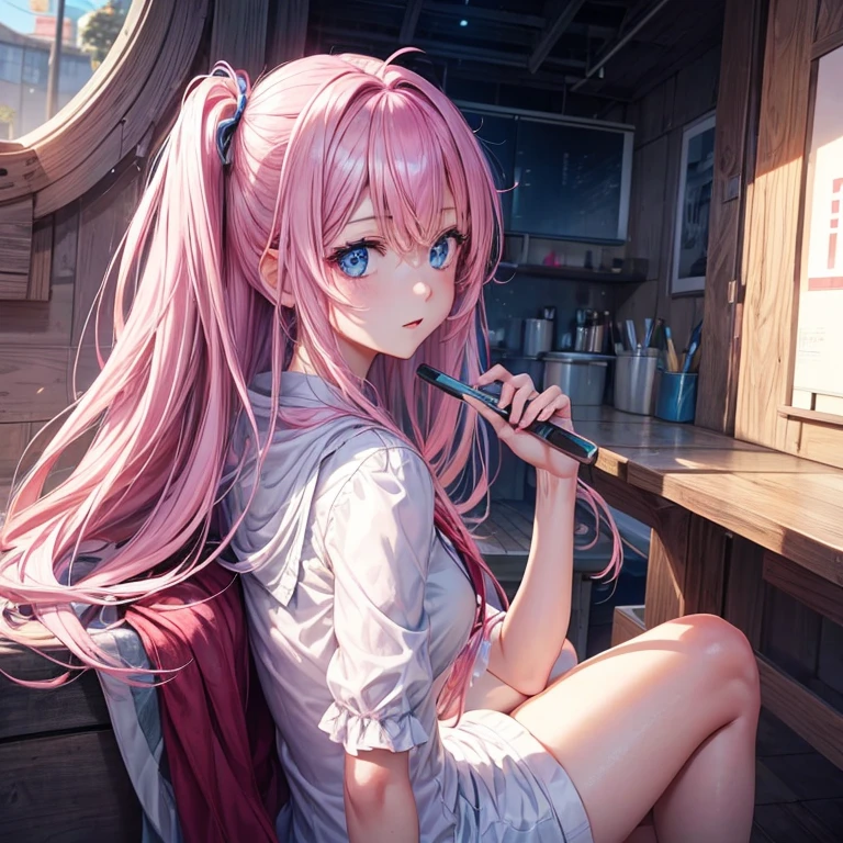 A girl with pink hair and light blue eyes、let me play a game