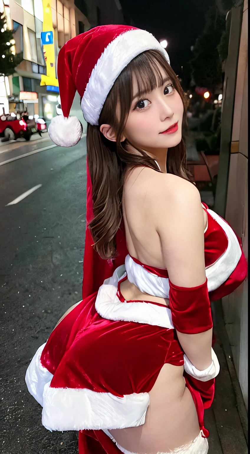 1girl in ,((santa costume)),tits out, wide open cleavage,(( Character Play)),((Street)) , natta、 (Blonde shortcuts),((looking to camera)), High resolution,Highly detailed, looking to camera,appearance々Posing, Stick your ass out、Angle from behind