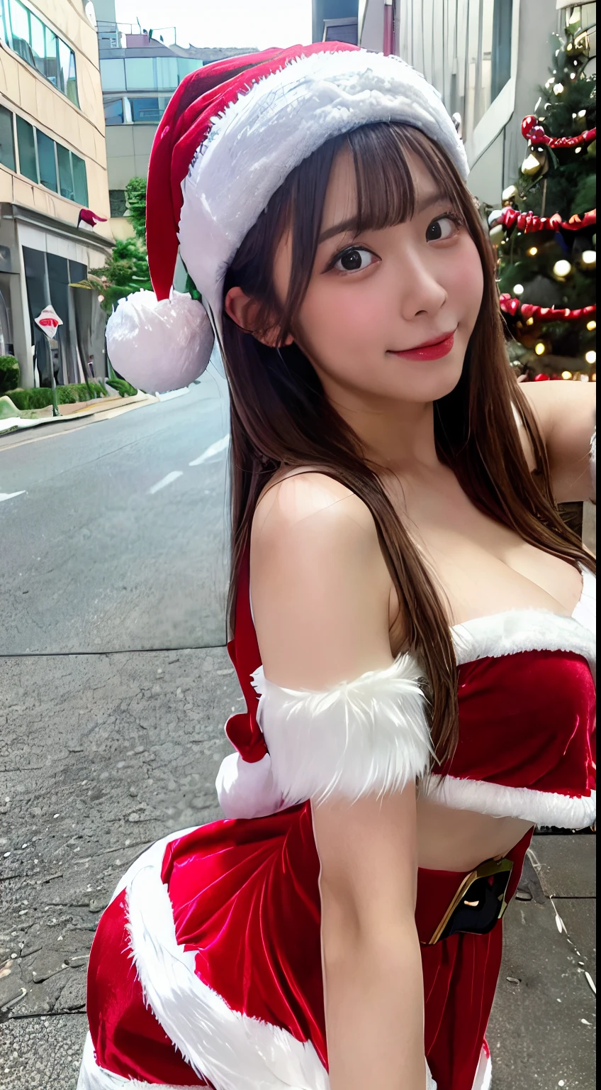 1girl in ,((santa costume)),tits out, wide open cleavage,(( Character Play)),((Street)) , natta、 (Blonde shortcuts),((looking to camera)), High resolution,Highly detailed, looking to camera,appearance々Posing, Stick your ass out、Angle from behind