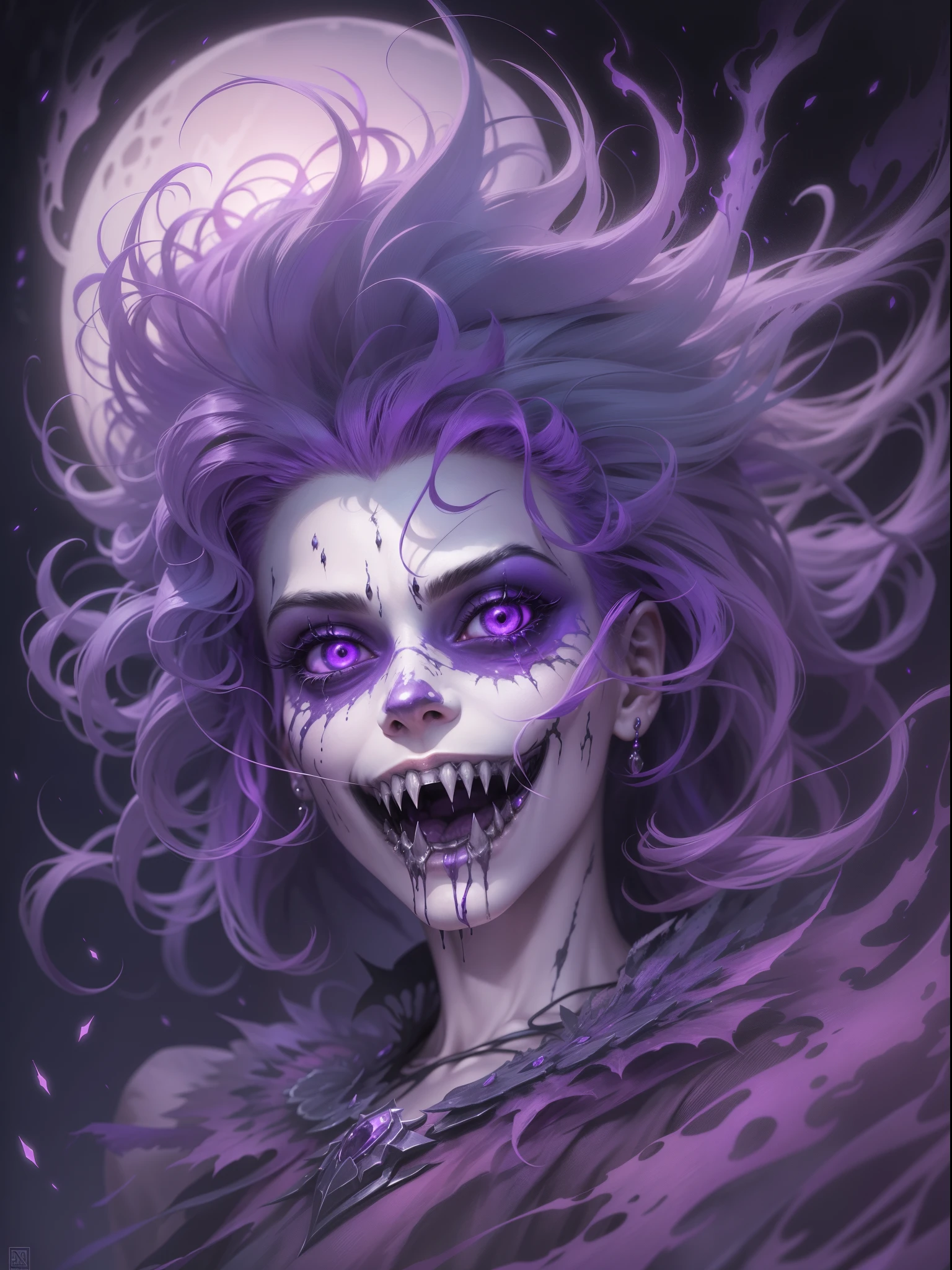 A ghost with purple skin, spikes, and spiky purple hair, giving it a distinct and eerie appearance. It has a fanged grin that adds to its sinister aura. The ghost has floating hands, which add to its ethereal presence. It is dressed in a dark purple dress, adding to its mysterious charm. The ghost is depicted floating in midair, giving it an otherworldly quality. The artwork should be a masterpiece with the best quality, capturing every detail of the ghost's features. The color palette should emphasize shades of purple, creating a haunting and atmospheric atmosphere. The lighting should be dim, with a soft glow illuminating the ghost, enhancing its ghostly nature.