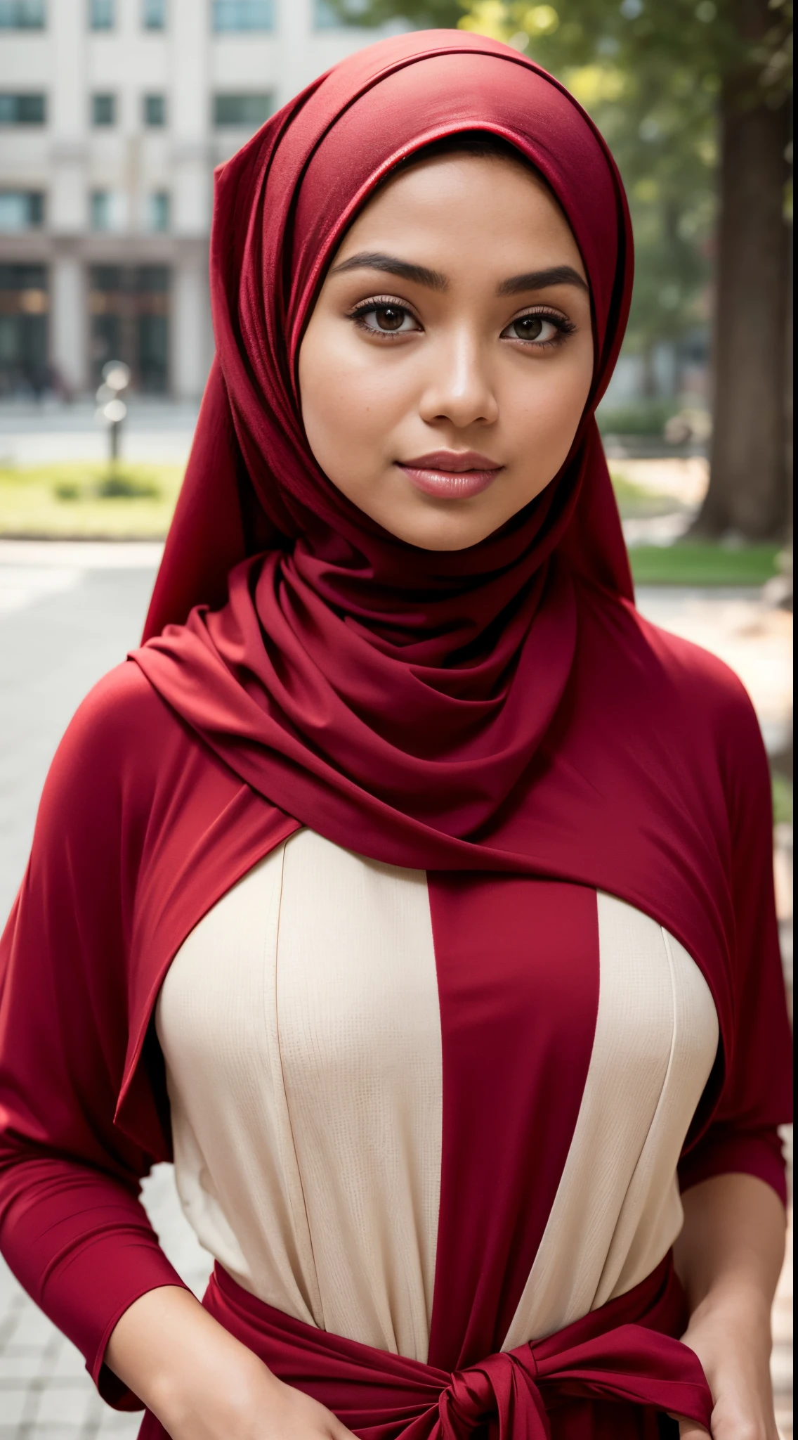 RAW, Best quality, high resolution, masterpiece: 1.3), beautiful Malay woman in hijab,Masterpiece, perfect slim fit body, Huge breast,big gorgeous eyes, Soft smile, woman in a red dress and a red scarf, maroon red, wearing red attire, wearing beautiful clothes, beautiful design, hijab, in crimson red, very beautiful enga style, beautiful masterpiece, fine details. red, wearing gorgeous clothing, dominating red color, crimson themed , (Delicate turtleneck) , necklace, shairband, afternoon walk, City garden, Excellent lighting, Bright colors, Clean lines