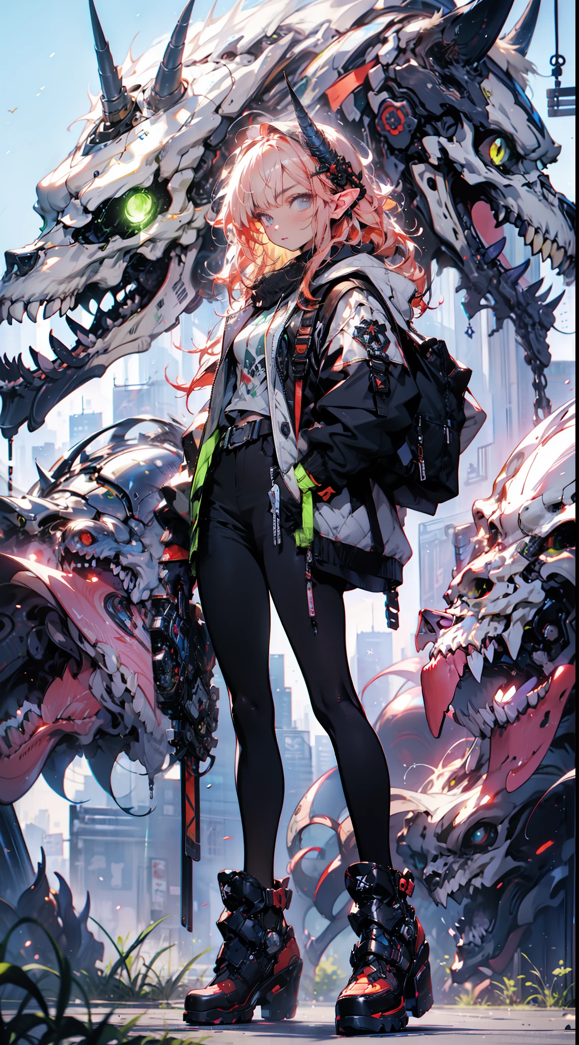 (((masterpiece, best quality))),  (elf), (1girl), solo,  Bangs,  red tinted hair，((Kirin X cyberskull armor))，long black glovelack pantyhoses，Handsome standing with white boots, art style by Artgerm, by Kawacy, By Yusuke Murata