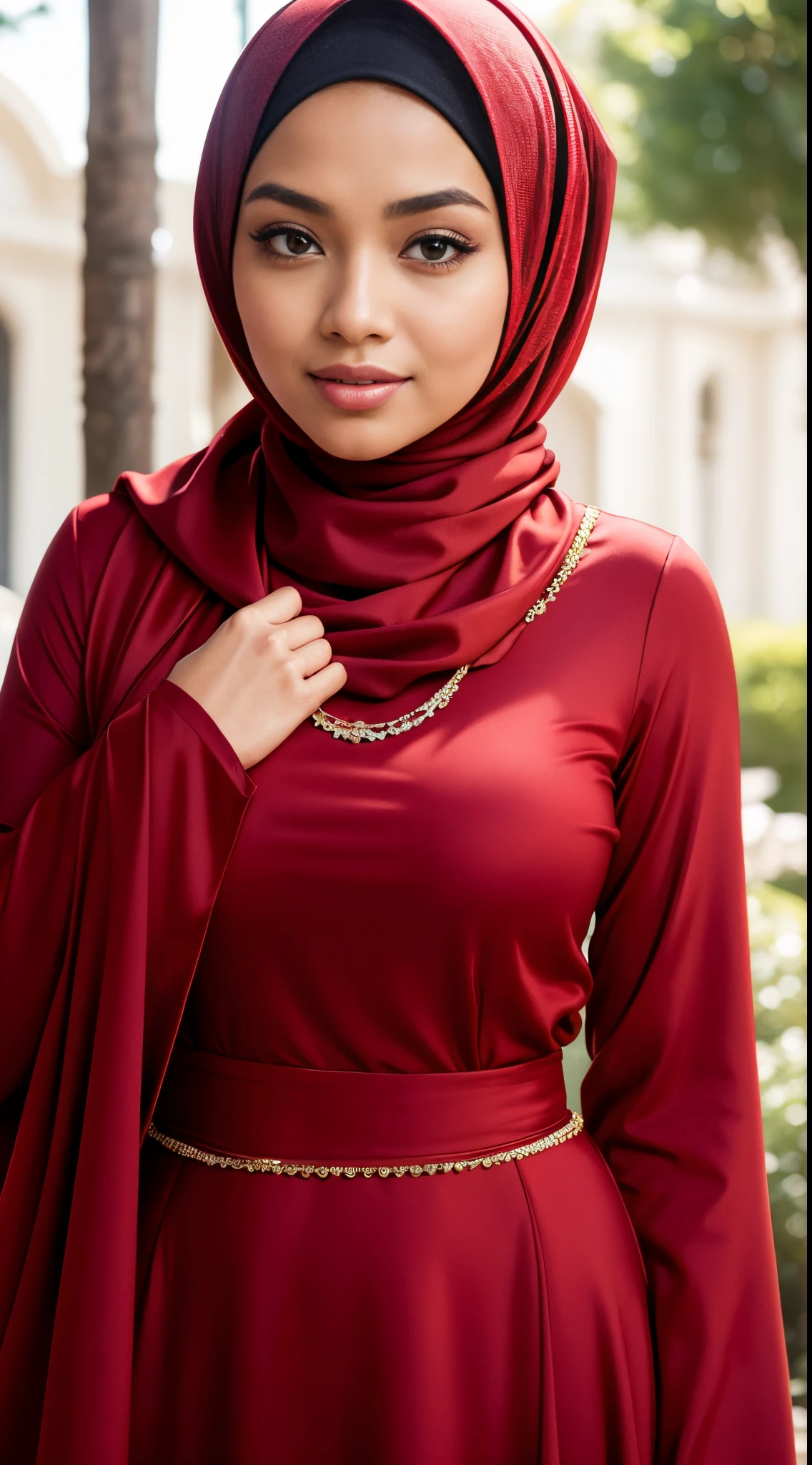 RAW, Best quality, high resolution, masterpiece: 1.3), beautiful Malay woman in hijab,Masterpiece, perfect slim fit body, Huge breast,big gorgeous eyes, Soft smile, woman in a red dress and a red scarf, maroon red, wearing red attire, wearing beautiful clothes, beautiful design, hijab, in crimson red, very beautiful enga style, beautiful masterpiece, fine details. red, wearing gorgeous clothing, dominating red color, crimson themed , (Delicate turtleneck) , necklace, shairband, afternoon walk, City garden, Excellent lighting, Bright colors, Clean lines