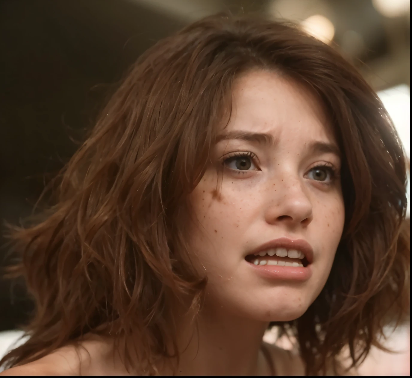 Woman, many freckles, sad, frightened, screaming