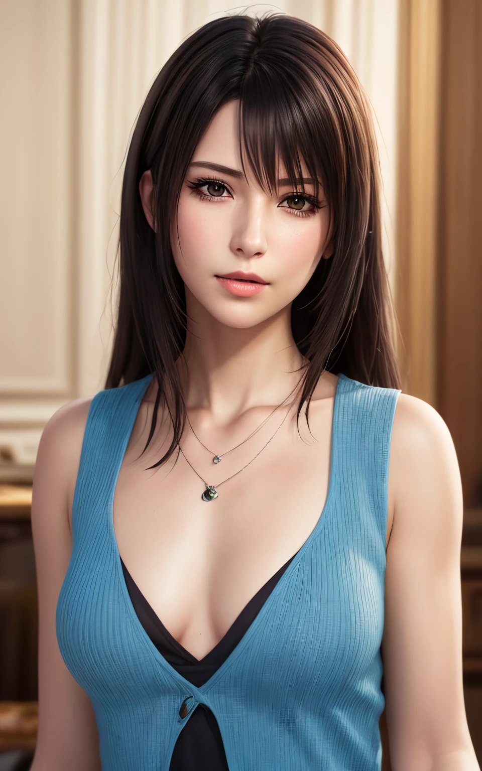 rinoa, blue duster, blue wristbands, holding necklace, portrait body, unparalleled masterpiece, ultra realistic 8k CG, perfect artwork, clean, beautiful face, pure face, pale skin, intricate detail, prestige, gorgeous, luxury, fancy ballroom