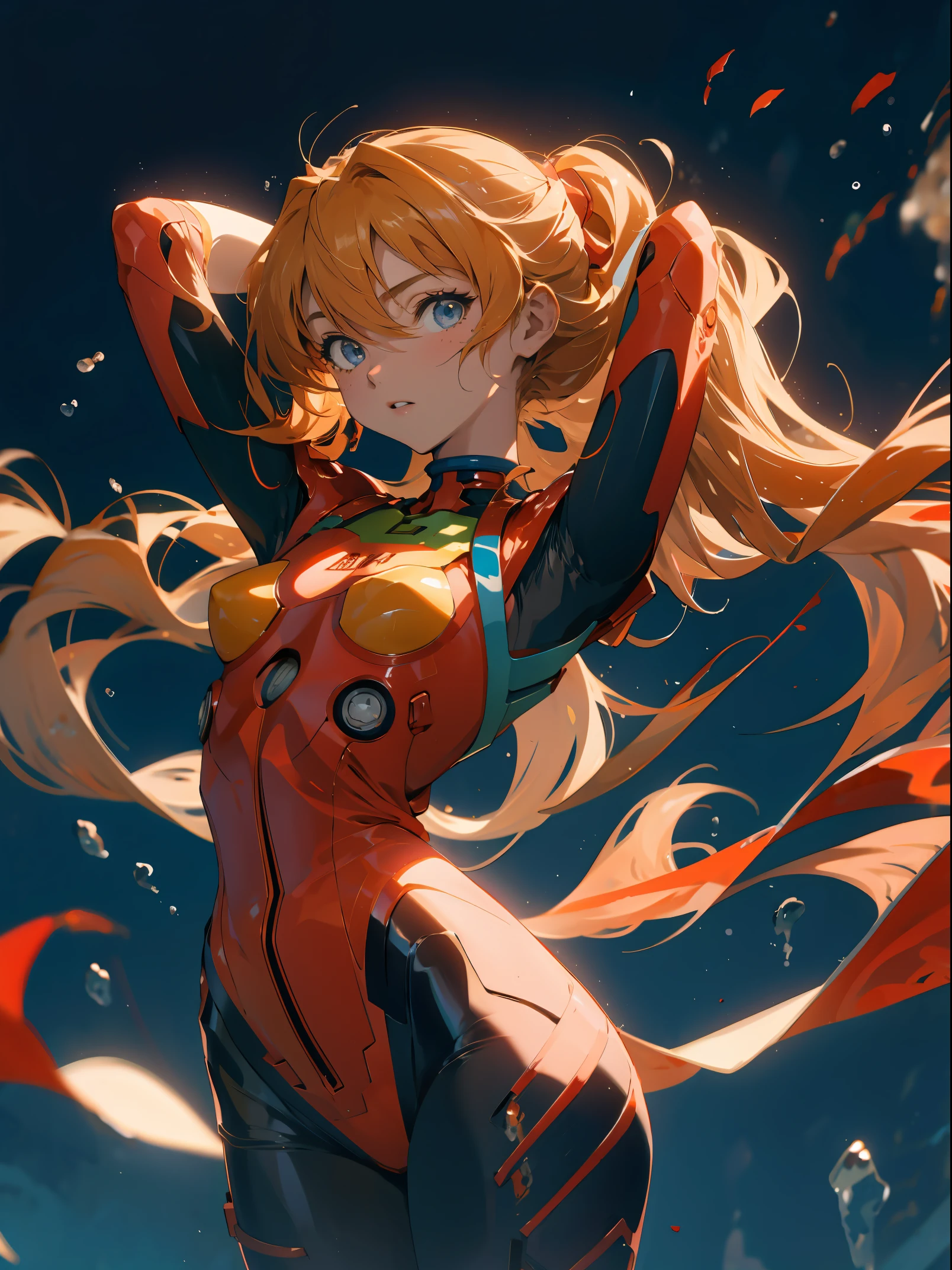 Souryu Asuka Langley, (masutepiece, Best Quality, Detailed), 1girl in, Solo, Arms behind your head, Cowboy Shot, Interface headset, Red bodysuit, Simple background.