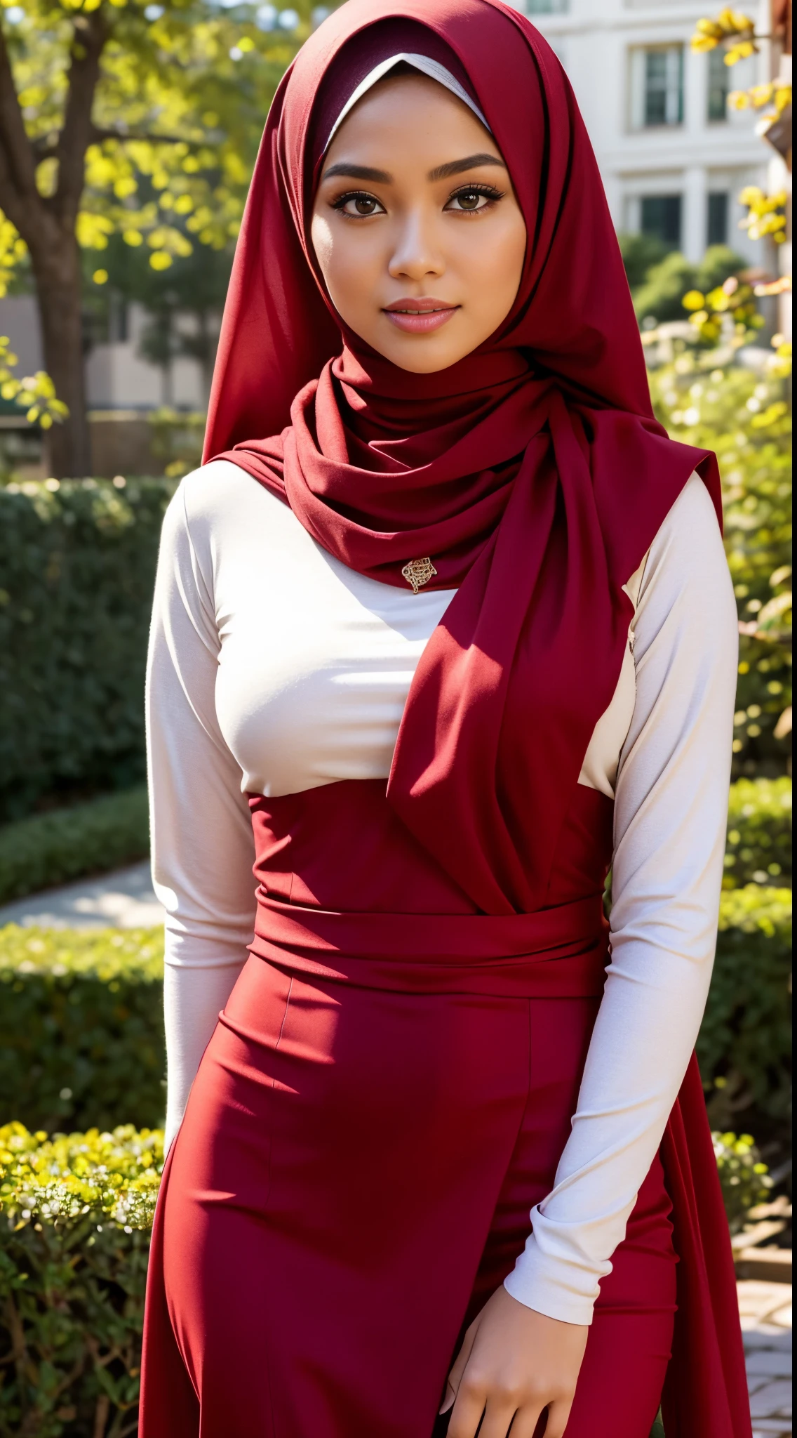 RAW, Best quality, high resolution, masterpiece: 1.3), beautiful Malay woman in hijab,Masterpiece, perfect slim fit body, Huge breast,big gorgeous eyes, Soft smile, woman in a red dress and a red scarf, maroon red, wearing red attire, wearing beautiful clothes, beautiful design, hijab, in crimson red, very beautiful enga style, beautiful masterpiece, fine details. red, wearing gorgeous clothing, dominating red color, crimson themed , (Delicate turtleneck) , necklace, shairband, afternoon walk, City garden, Excellent lighting, Bright colors, Clean lines
