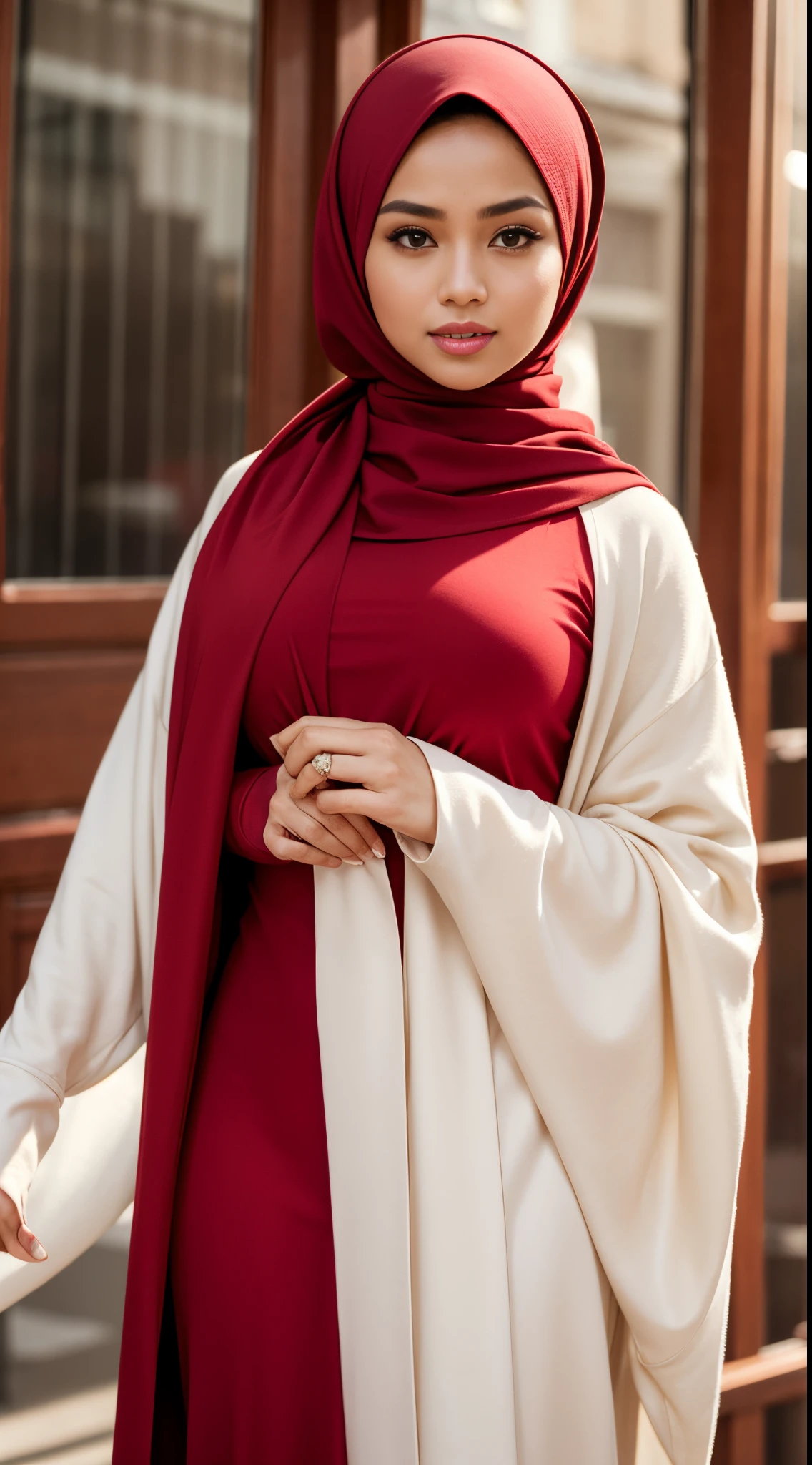 RAW, Best quality, high resolution, masterpiece: 1.3), beautiful Malay woman in hijab,Masterpiece, perfect slim fit body, Huge breast,big gorgeous eyes, Soft smile, woman in a red dress and a red scarf, maroon red, wearing red attire, wearing beautiful clothes, beautiful design, hijab, in crimson red, very beautiful enga style, beautiful masterpiece, fine details. red, wearing gorgeous clothing, dominating red color, crimson themed , (Delicate turtleneck) , necklace, shairband, afternoon walk, City garden, Excellent lighting, Bright colors, Clean lines