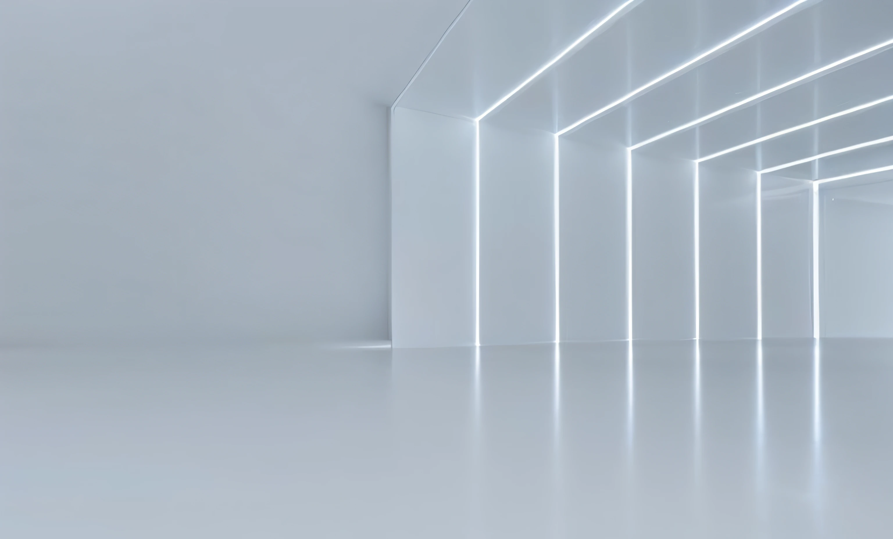 Close-up of a room with white floor and ceiling, white neon, white neon, futuristic lighting, minimalist lighting, clean white lab background, neon light background, white accent lighting, glowing white accent lighting, indoor background, The future of volumetric lighting, futuristic room background, A bright room, LED lighting, llight rays, neon background lighting