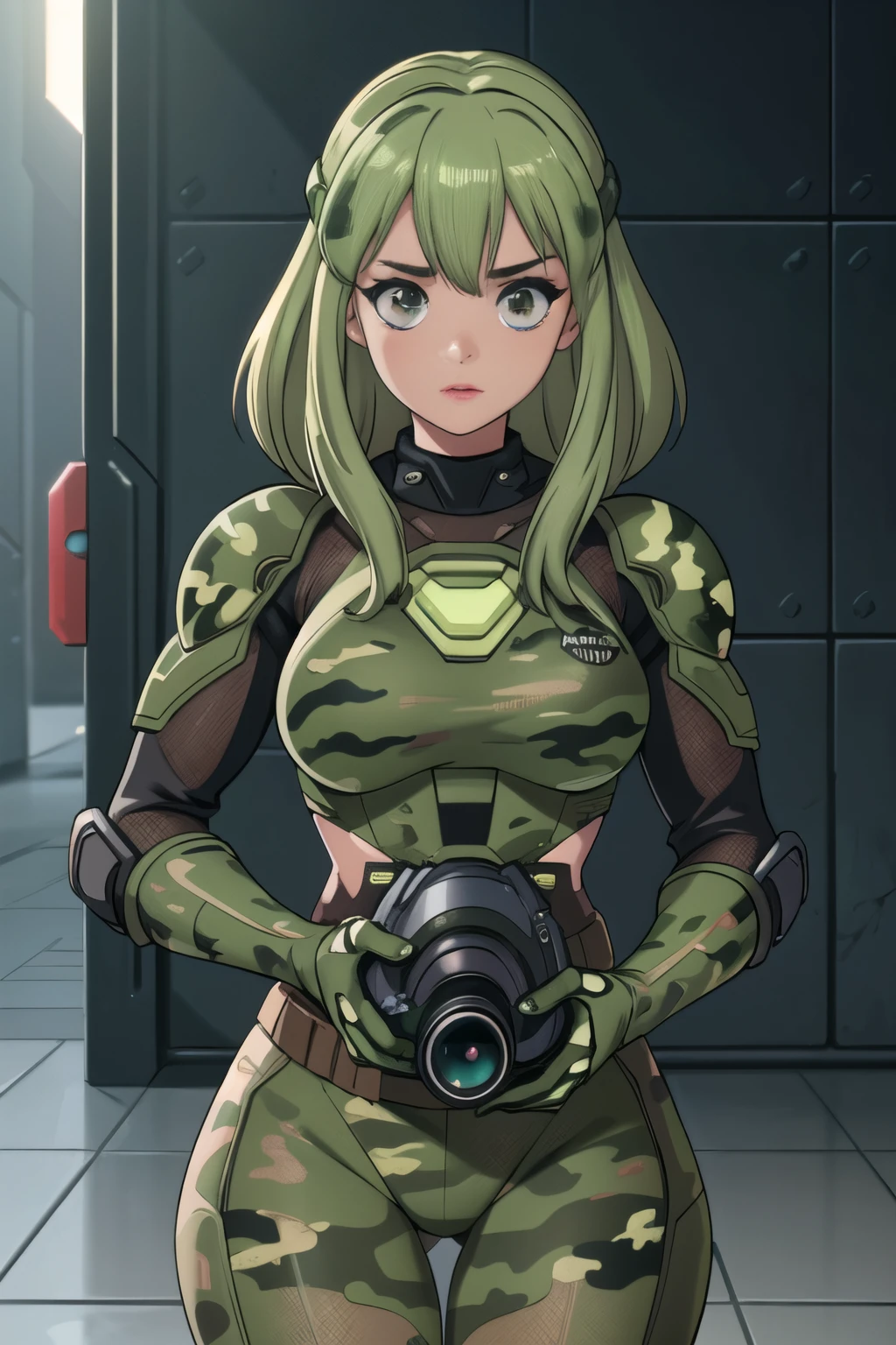 ((Best Quality)), ((Masterpiece)), (Highly Detailed: 1.3), 3D, Beautiful (Cyberpunk:1.2) Special Forces, Robort, ((African Girl with Thick Voluminous Hair Wearing camouflage_uniform: 1.1)), Body Armor, Cover, Digital (Camouflage: 1.3), HDR (High Dynamic Range), Ray Tracing, NVIDIA RTX, Super-Resolution, Unreal 5, Subsurface Scattering, PBR Textururing, Post-processing, Anisotropic Filtering, Depth of Field, Maximum Clarity and Sharpness,  multilayer textures, Albedo and specular maps, Surface shading, accurate simulation of light-material interaction, perfect proportions, Octane Render, two-tone lighting, wide aperture, low ISO, white balance, rule of thirds, 8K RAW, efficient sub-pixel, sub-pixel convolution,