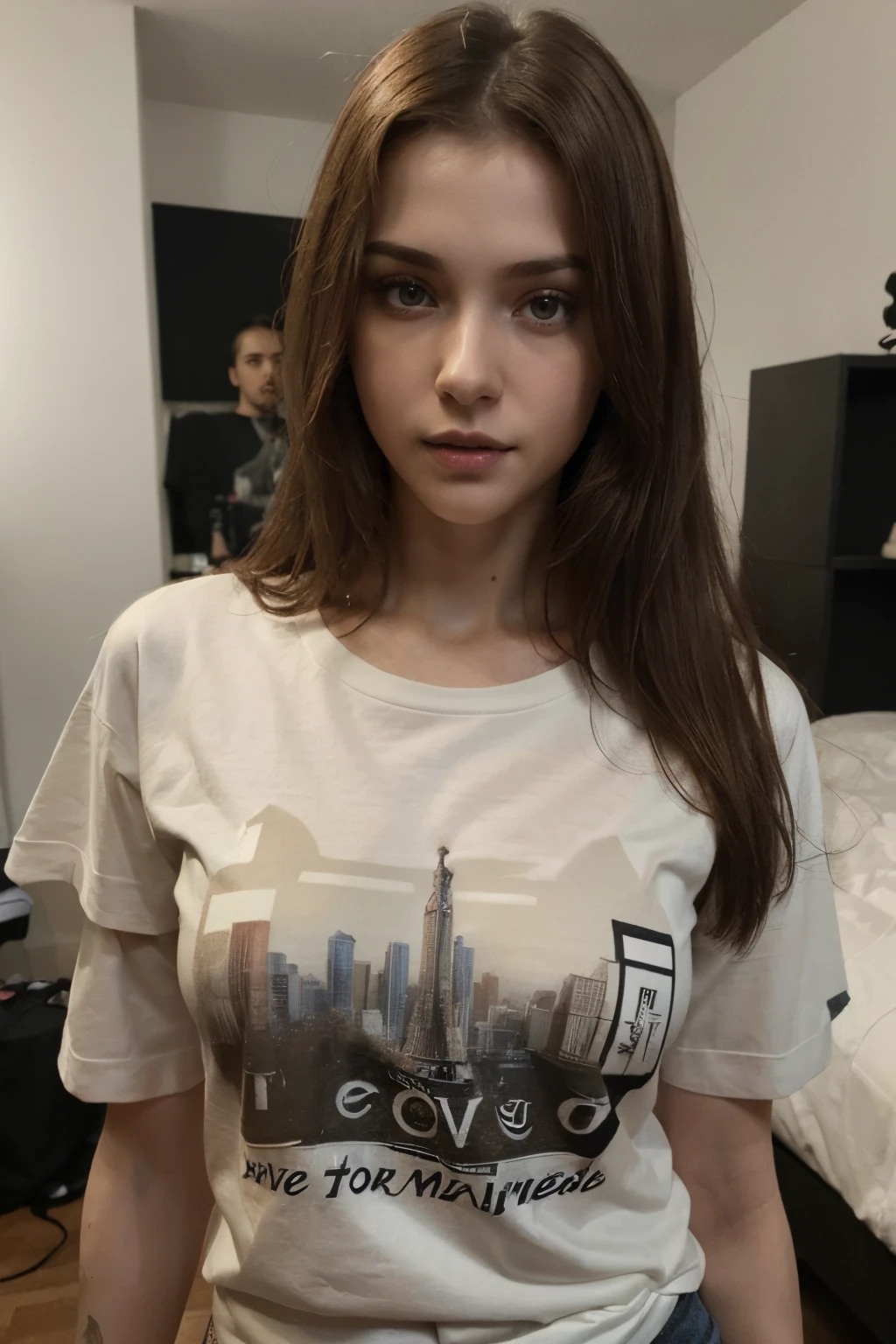 a close up portrait of a model ((at a studio apartment wearing a tshirt++)), sexy young woman, realistic , beautiful succubus, (derevschikova: 1.4), beautiful alluring , perfect nose, ultra beautiful, with her long, perfect beautiful, realistic , epic beautiful, 8k, fuji xt3, not cropped, premium wide open city ” large breasts