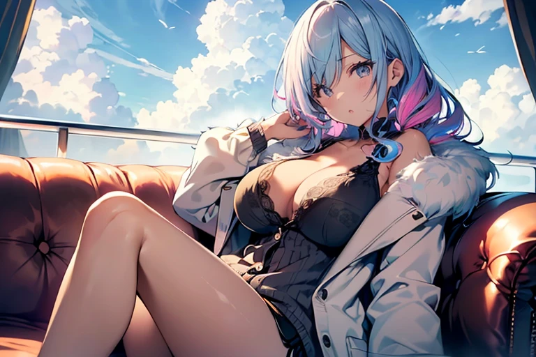 (top-quality, (Ultra high definition,4K), (超A high resolution:1.3, in 8K),masutepiece:1.2),masutepiece:1.2),(Perfect Anatomy,Anatomically accurate), (A fluffy cloud on my nipples,Coat your chest with colorful ink:1.5),(Beautiful lighting), (Cute s), (Sitting on a sofa floating in the sky), (knit Cardigan),(Lace panties),(Beautiful eyes),(extremely detailed and beautiful face),(fascinated expression),(Large breasts:1.3), (soft skin),(Photorealistic),(Glowing skin)
