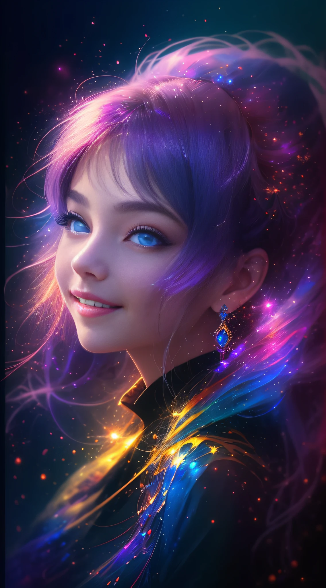 This is a dreamy and ethereal picture. Color splash ink,splash ink texture,paint splatter,One color,vivd colour,whimsically、Half-body beauty,Half a body,Enchanted smile,Toothy smile,Have beautiful, detailed and realistic eyes. Includes ink drops and fairy lights. Shadows should be bold and true. Includes glow in the dark, glittery, slight light, and intricate details. imagem de qualidade alta. ((tmasterpiece))