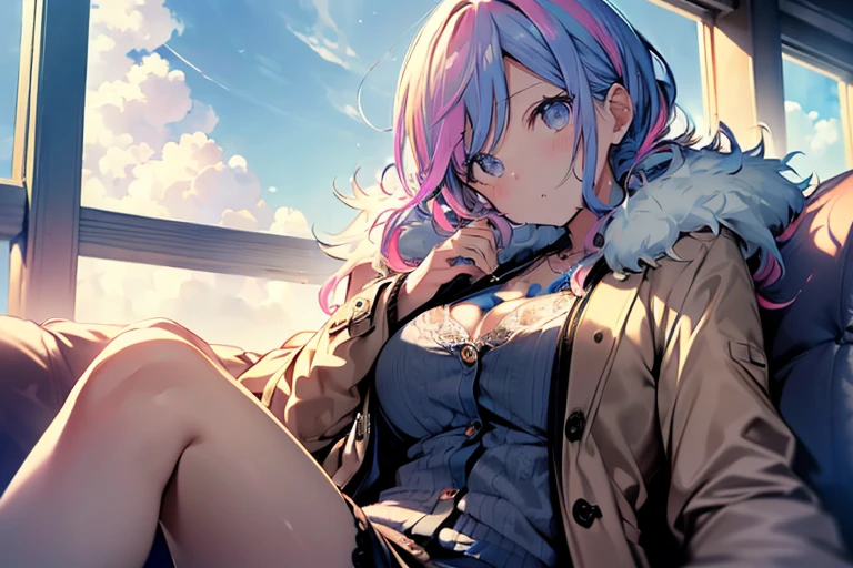 (top-quality, (Ultra high definition,4K), (超A high resolution:1.3, in 8K),masutepiece:1.2),masutepiece:1.2),(Perfect Anatomy,Anatomically accurate), A fluffy cloud on my nipples,( Coat your chest with colorful ink:1.7),(Beautiful lighting), (Cute little girl s), (Sitting on a sofa floating in the sky), (knit Cardigan),(Lace panties),(Beautiful eyes),(extremely detailed and beautiful face),(fascinated expression),(Large breasts:1.3), (soft skin),(Photorealistic),(Glowing skin)