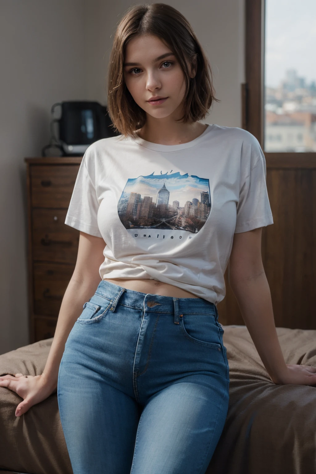 wide full shot, model at home, short hair, (((tshirt and jeans))), sexy young woman, beautiful succubus, derevschikova, beautiful alluring , perfect nose, ultra beautiful, with her long, perfect beautiful, realistic , epic beautiful, 8k, fuji xt3, not cropped, premium wide open city ” large breasts