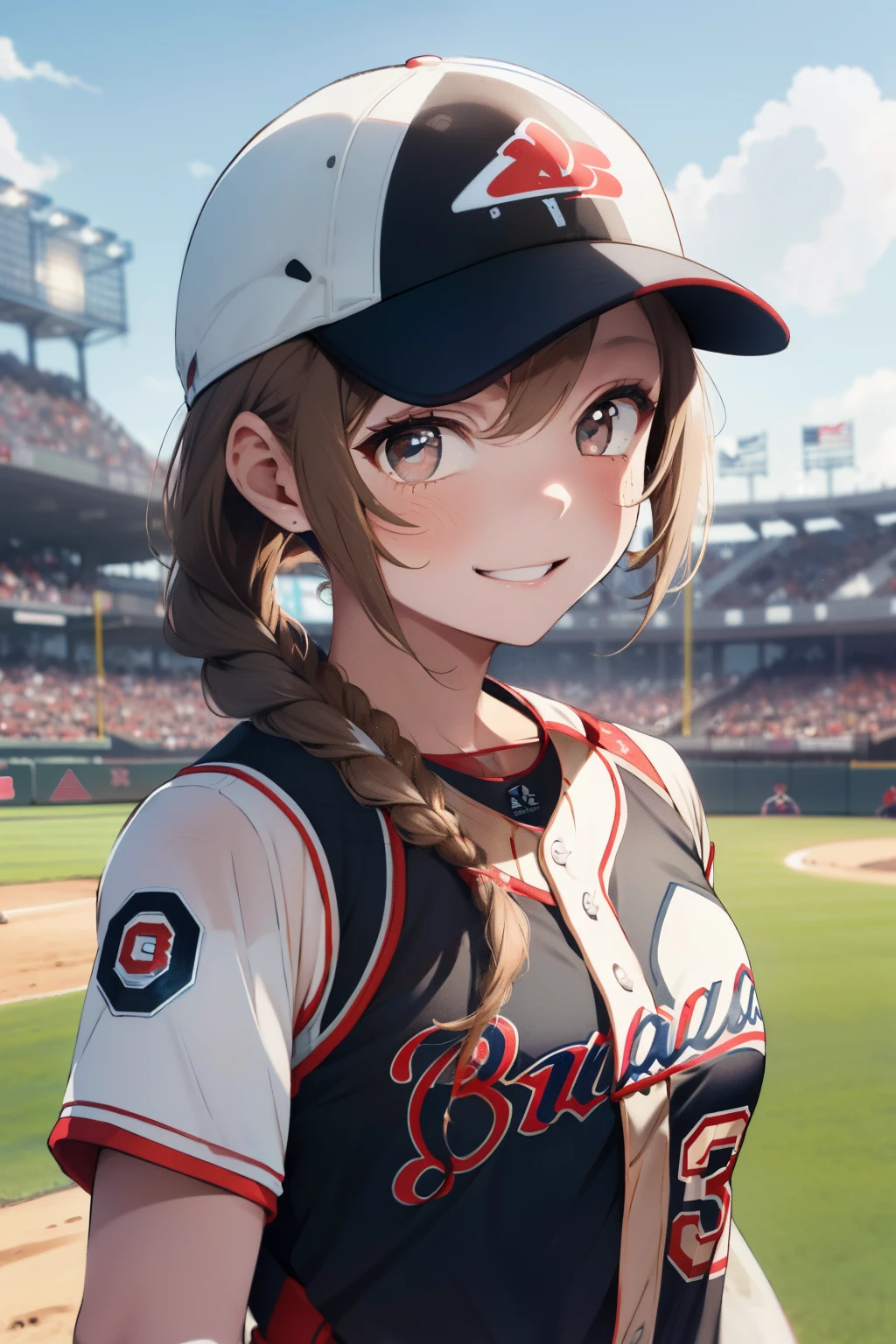 ((Pale brown hair)),((Braided shorthair)),((With black eyes)),Slight red tide,(Baseball Uniforms:1.5),outdoor baseball field,Happy smile,(Holding a baseball in your hand:1.25),(blue and white color uniform:1.05),(Clear blue sky:1.2),(Pleasant breeze:1.25),