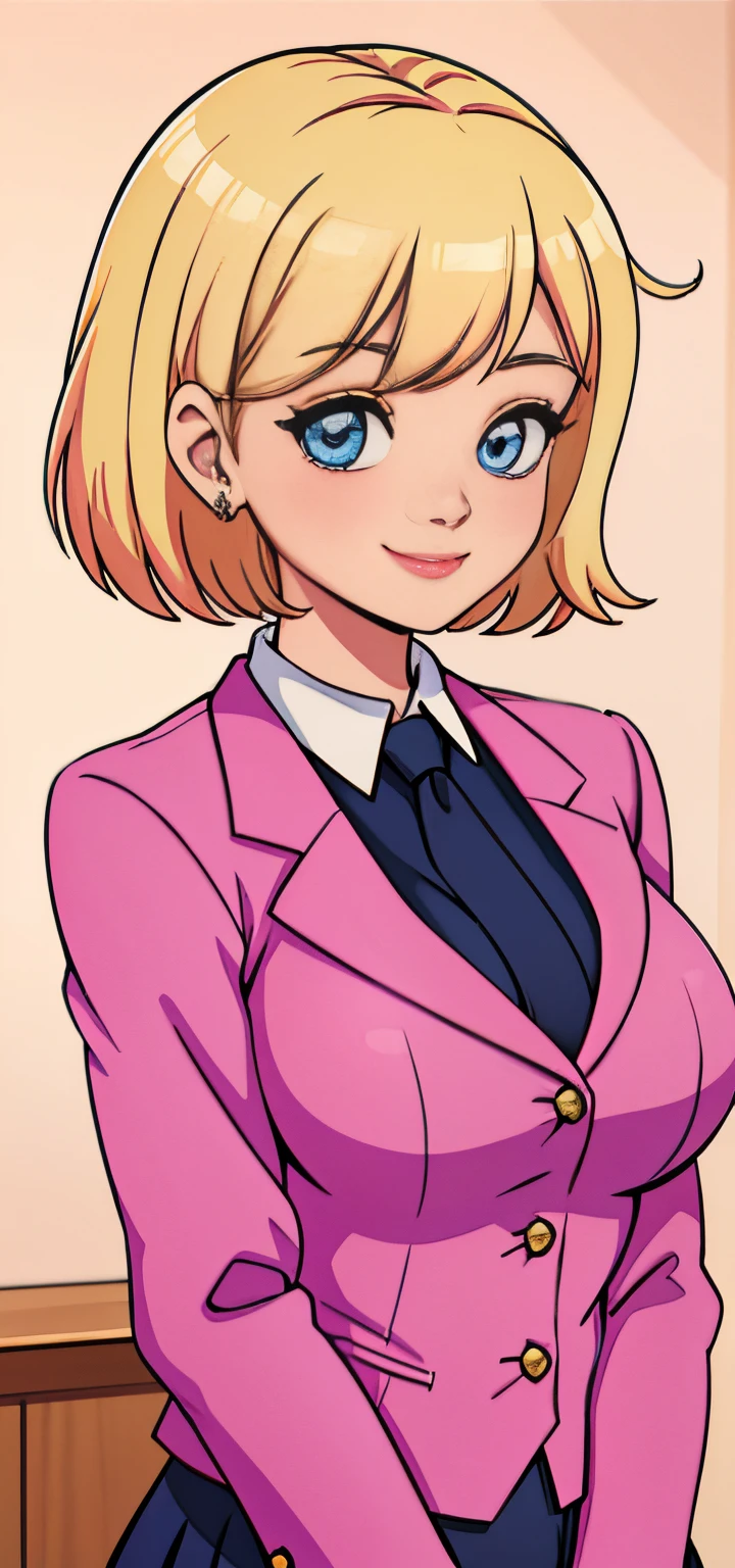 Girl wears blazer　A smile　top-quality　beuaty girl　short-hair　Pink hair　The blonde　huge tit　tmasterpiece　eBlue eyes