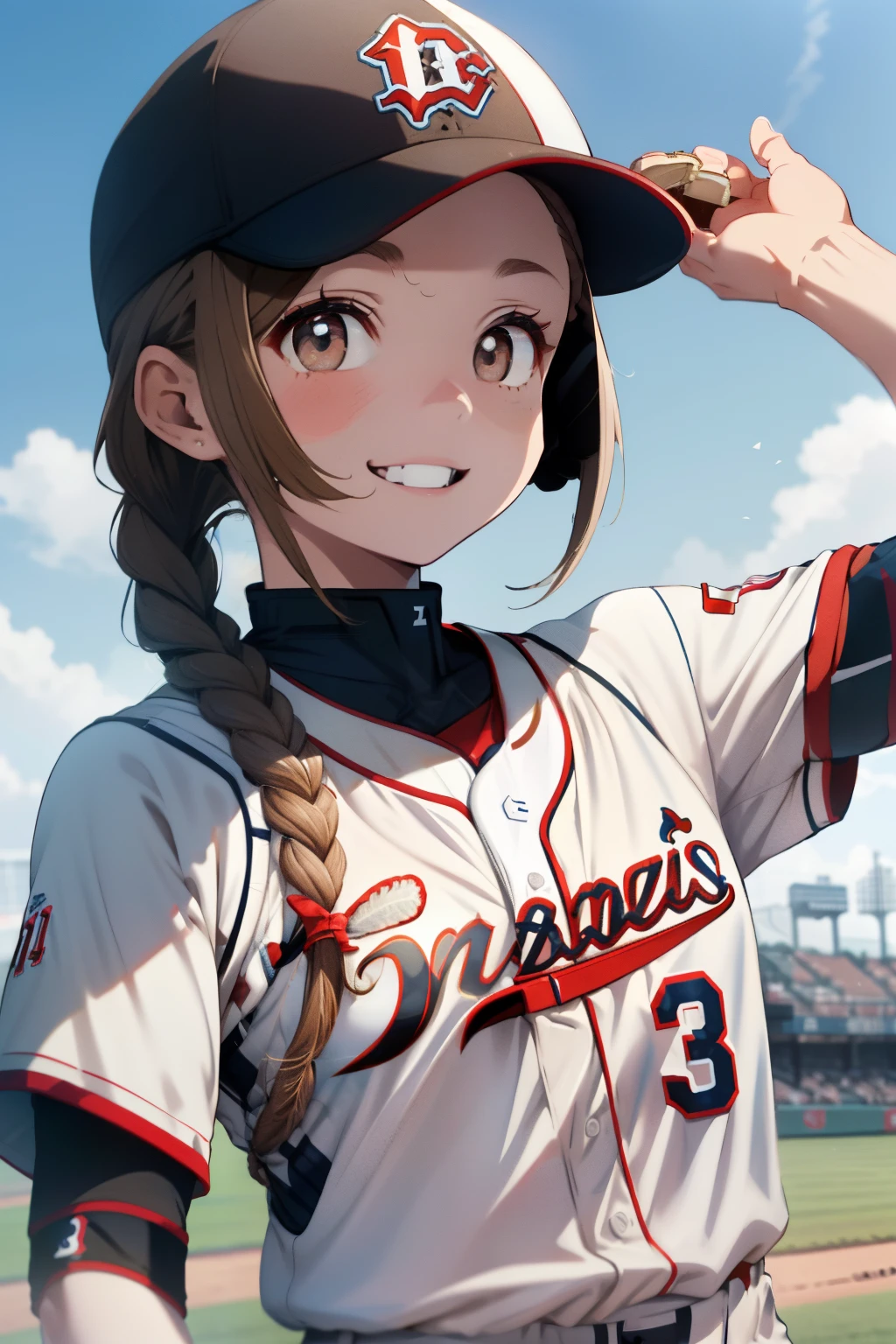 ((Pale brown hair)),((Braided shorthair)),((With black eyes)),Slight red tide,(Baseball Uniforms:1.5),outdoor baseball field,Happy smile,(Holding a baseball in your hand:1.25),(blue and white color uniform:1.05),(Clear blue sky:1.2),(Pleasant breeze:1.25),