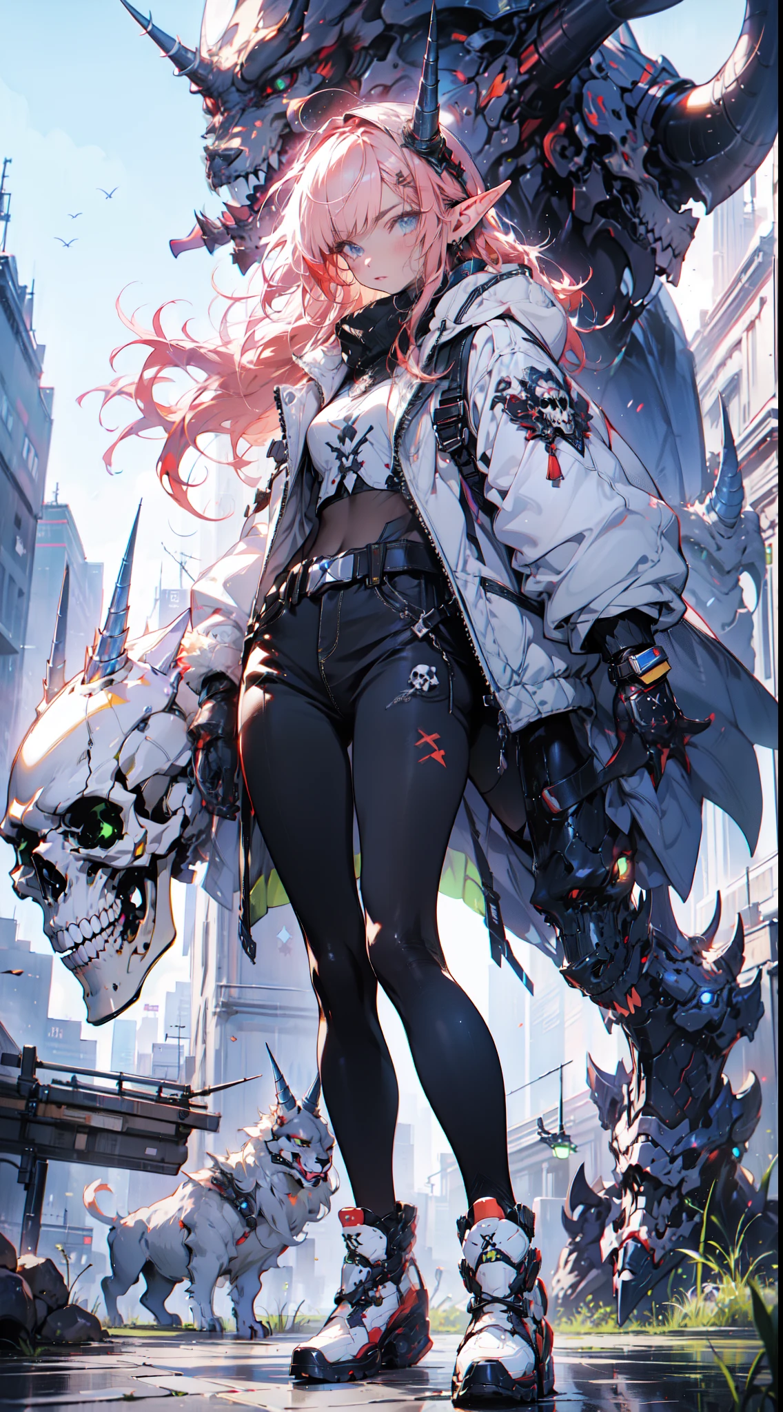 (((masterpiece, best quality))),  (elf), (1girl), solo,  Bangs,  red tinted hair，((Kirin X cyberskull armor))，long black glovelack pantyhoses，Handsome standing with white boots, art style by Artgerm, by Kawacy, By Yusuke Murata